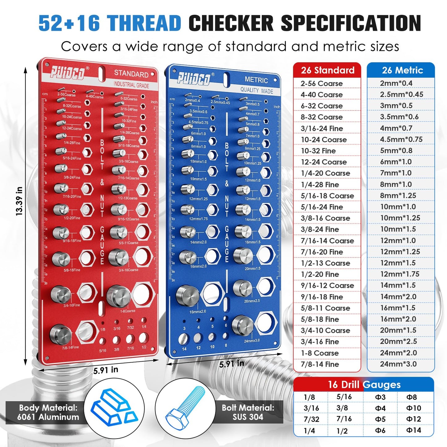 68 Nut and Bolt Thread Checker Standard and Metric, Screw Size and Thread Gauge with 26 SAE & 26 Metric & 16 Drill Bit Gauge, Bolt and Nut Identifier Gauge Bolt Size Finder for Quickly Identify