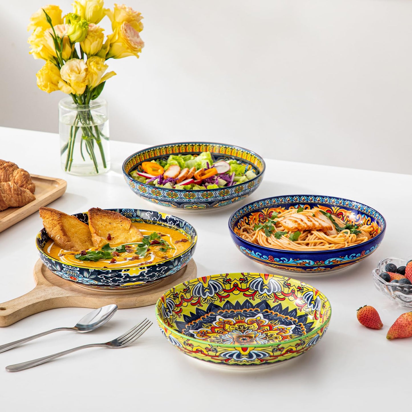 vancasso Pasta Bowls Set of 4, Ceramic Salad Serving Bowls, 42Oz Large Pasta Bowls, 8.7 in Colorful Bowl Plates for Soup, Bohemian Shallow Bowls for Kitchen, Microwave & Dishwasher Safe