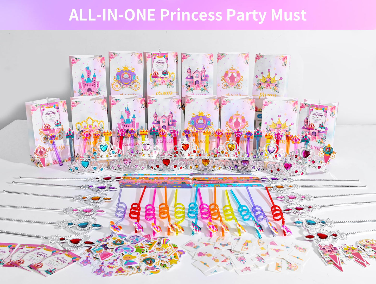 308PCS Princess Birthday Party Decorations Favors, Including Goodie Bags, Crown, Magic Wand, Straws, Bubble Wands, Stickers, Cake Toppers, Tattoo & More-Perfect for Party Decorations & Pinata Fillers