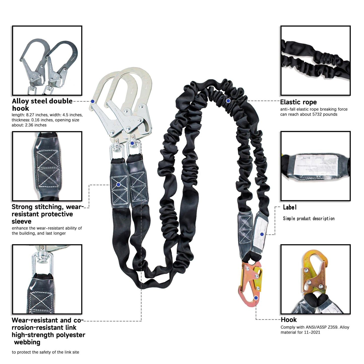 6ft Safety Harness Lanyard Double Leg Internal Shock Absorbing Safety Fall Protection Lanyard with Rope Harness Safety Lanyard Dual Rebar & Snap Hook Roofer Fall Protection Equipment（Alloy Steel）