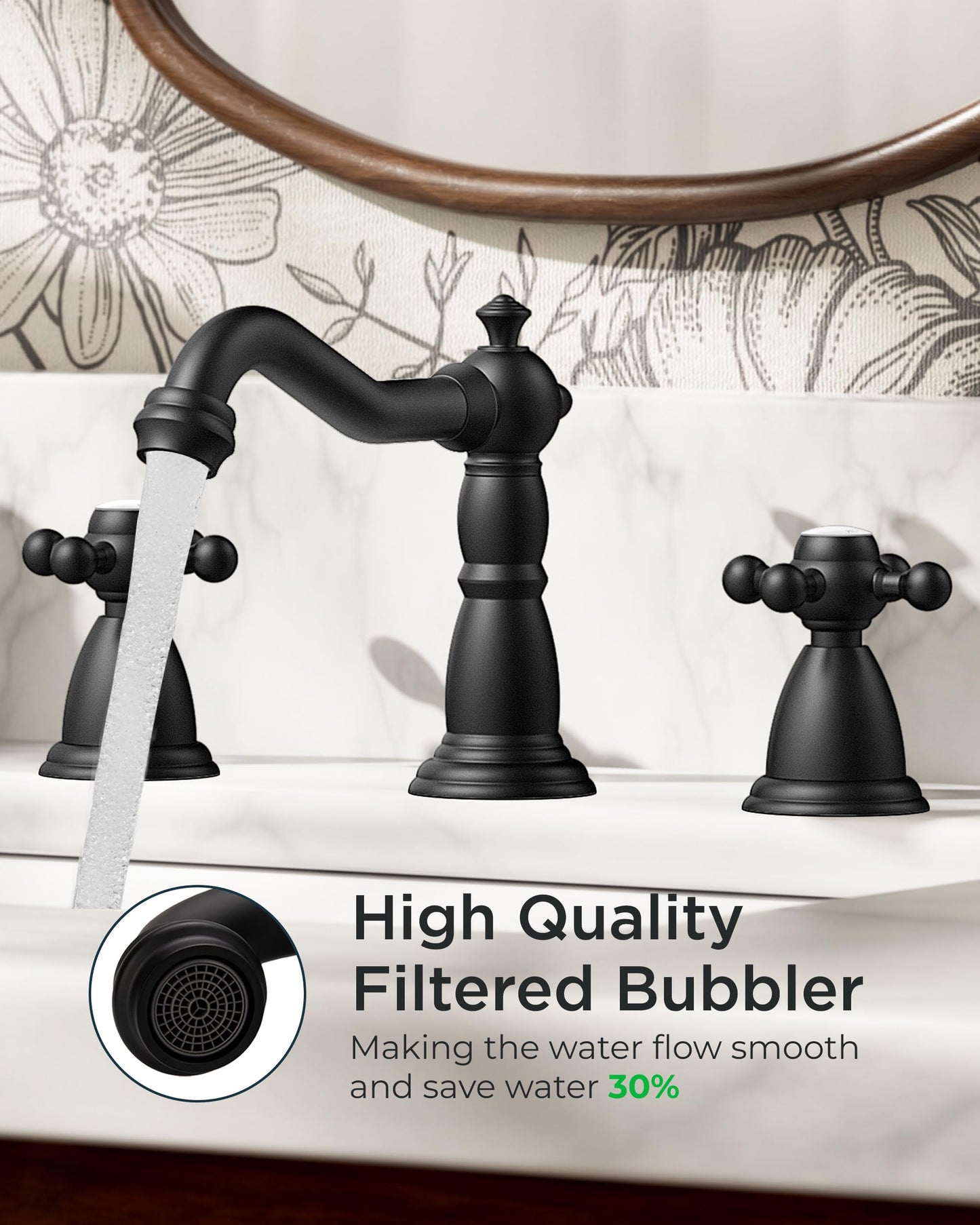 FORIOUS Matte Black 3 Hole Brass Vintage Farmhouse Bathroom Faucet, 8 Inch Widespread Bathroom Faucets 2 Cross Handles with Metal Pop Up Drain and Supply Hoses, for RV Vanity