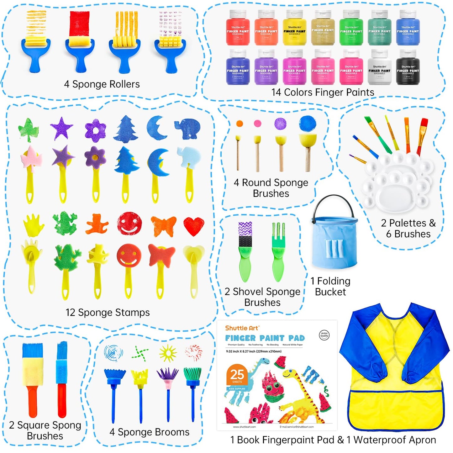 Shuttle Art Washable Finger Paint Set, 46 Pack Kids Paint Set with 14 Colors(60ml) Finger Paints, Brushes, Finger Paint Pad, Sponge, Palette, Smock, NonToxic for Toddlers Home Activity Early Education