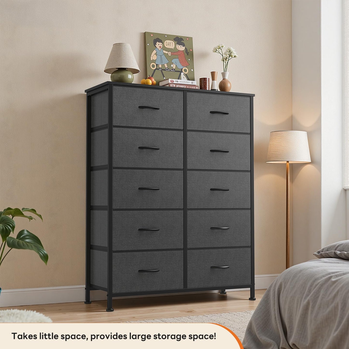 Sweetcrispy 10 Drawer Dresser, Tall Fabric Dresser for Bedroom, Storage Tower with Bins Chest Organizer Unit for Closet, Hallway, Steel Frame Wood Top, Easy Pull Handle, Grey