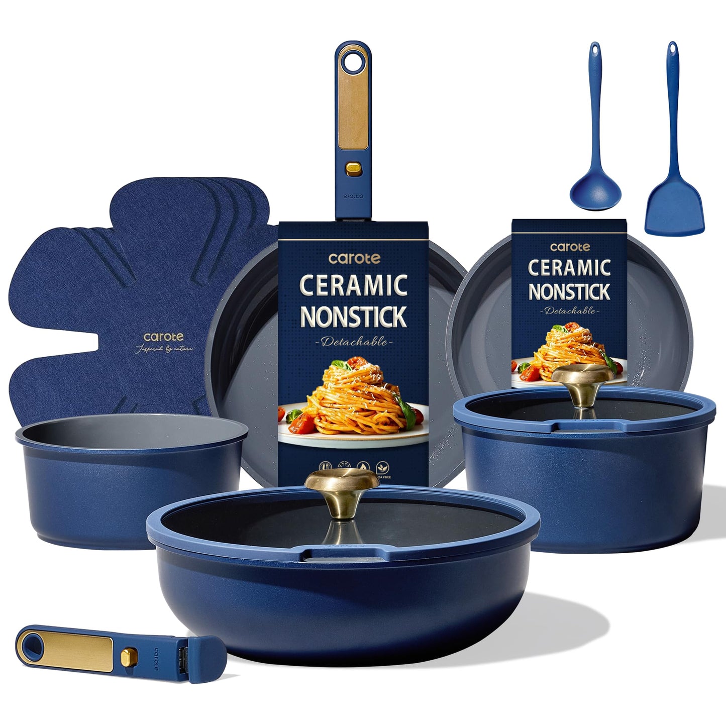 CAROTE Blue&Gold Ceramic Cookware Set Non Toxic, PFAS Free,15Pcs Pots and Pans Set Non Stick Detachable/Removable Handle,Kitchen Cooking Set Dishwasher Safe, Nonstick Pot and Pan, Induction Cookware