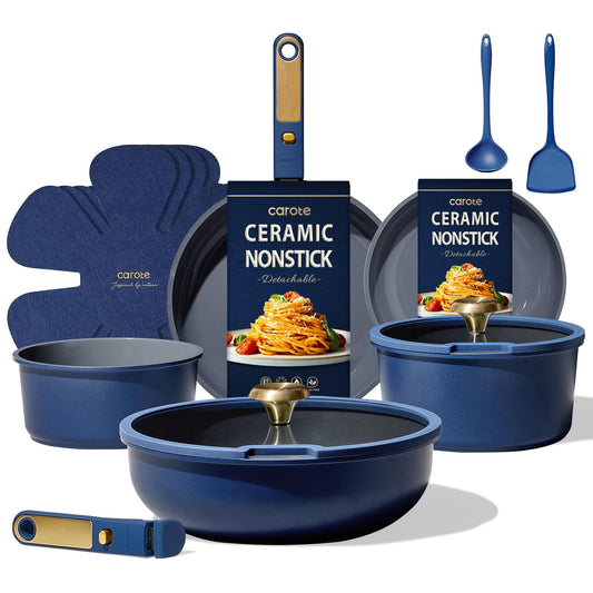 CAROTE Blue&Gold Ceramic Cookware Set Non Toxic, PFAS Free,15Pcs Pots and Pans Set Non Stick Detachable/Removable Handle,Kitchen Cooking Set Dishwasher Safe, Nonstick Pot and Pan, Induction Cookware