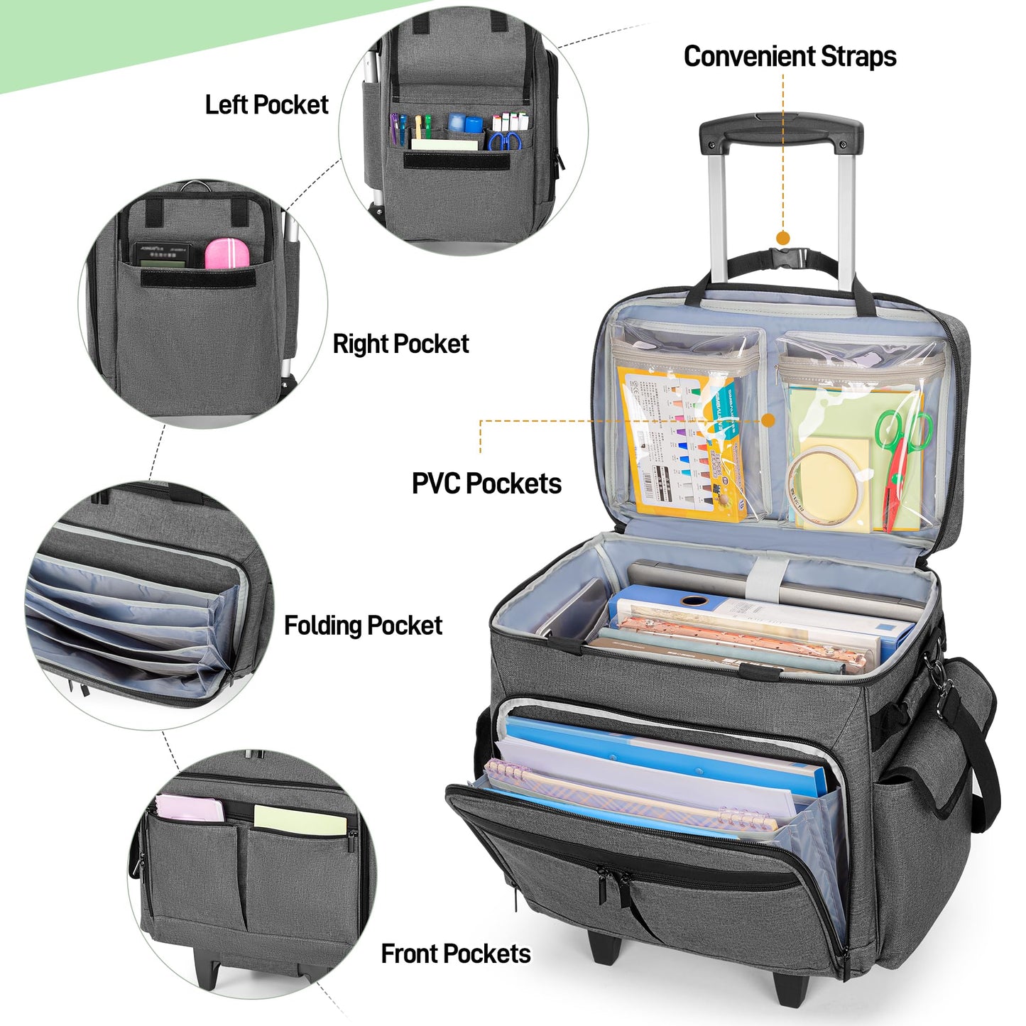 Trunab Rolling Teacher Bag with Expandable File Pocket and Detachable Trolley, Teacher Tote Bag with Wheels for up to 15.6 Inches Laptop (Patented Design) (Grey)