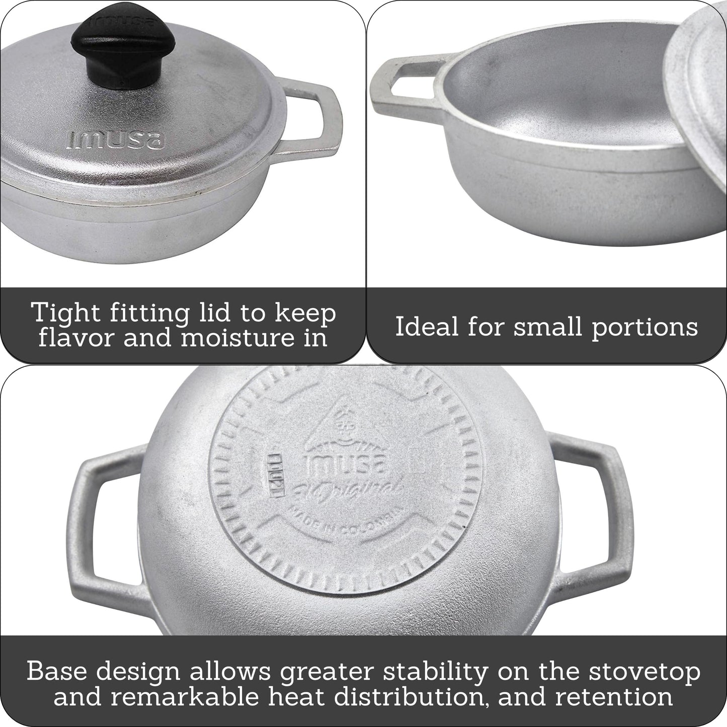 IMUSA USA 4 Piece 0.5Qt Traditional Colombian Mini Calderos (Dutch Oven) for Cooking and Serving, Silver