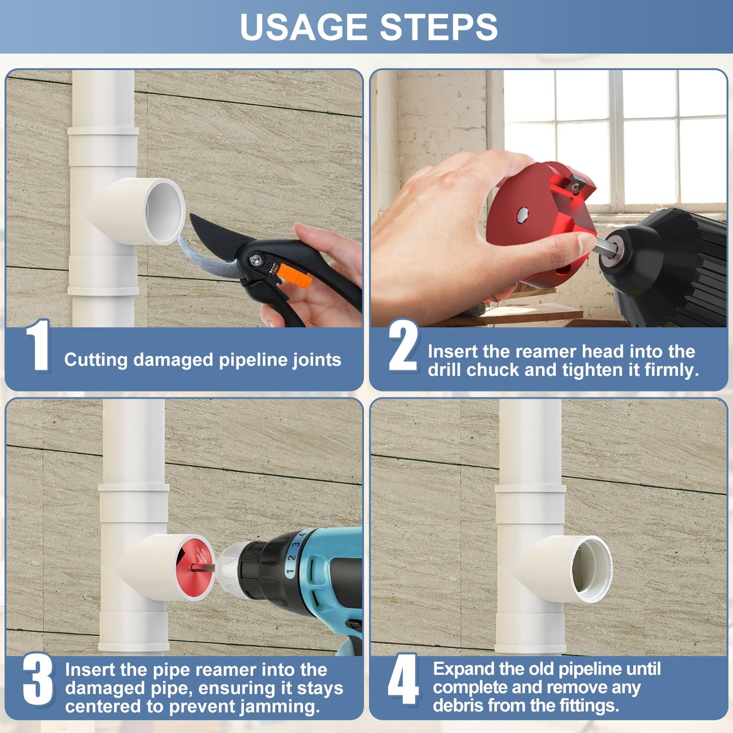 9 Pcs PVC Pipe Reamer Kit, PVC Fitting Saver, Reamer Fit into Standard 1/2" Drills Contains 1/2 inch, 3/4 inch, 1 inch, 1-1/4inch,1-1/2inch, 2inch, 2 1/2 2inch, 3inch, 4inch for SCH40, ABS