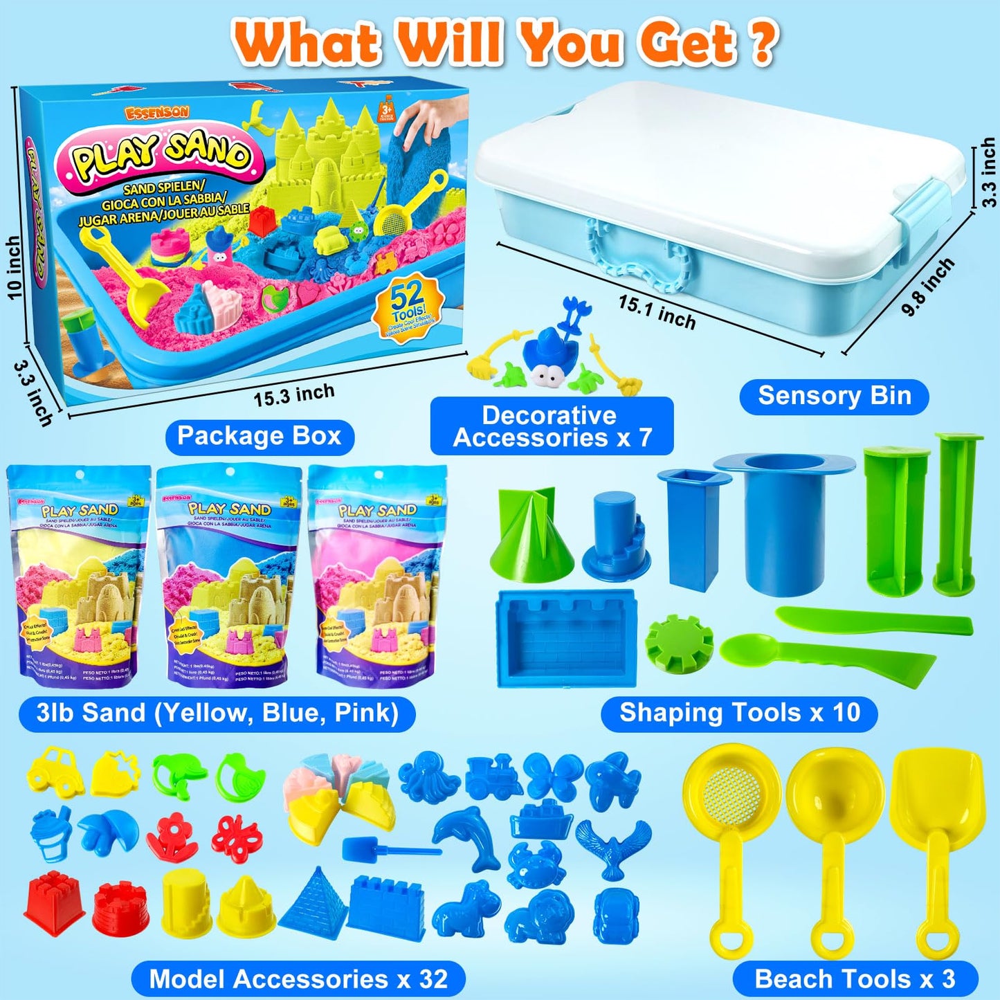 Sensory Bin - 52 PCS Play Sand Kit with 3lbs Magical Sand, Beach Toys Castle Molds Sand Molds, Sensory Toy Sandbox, Kids Gifts for Girls and Boys