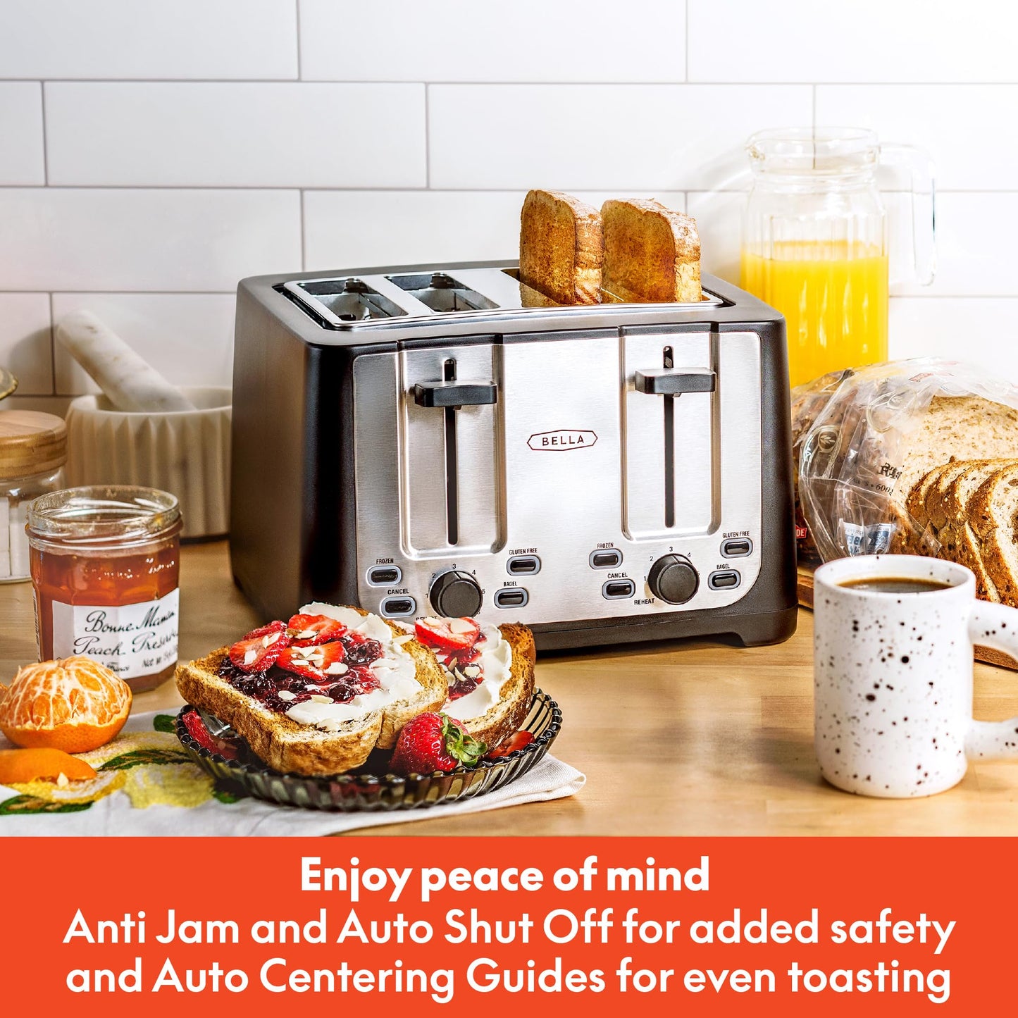 bella 4 Slice Toaster with Auto Shut Off, Extra Wide Slots & Removable Crumb Tray and Cancel, Defrost & Reheat Function, Toast Bread & Bagel, Black