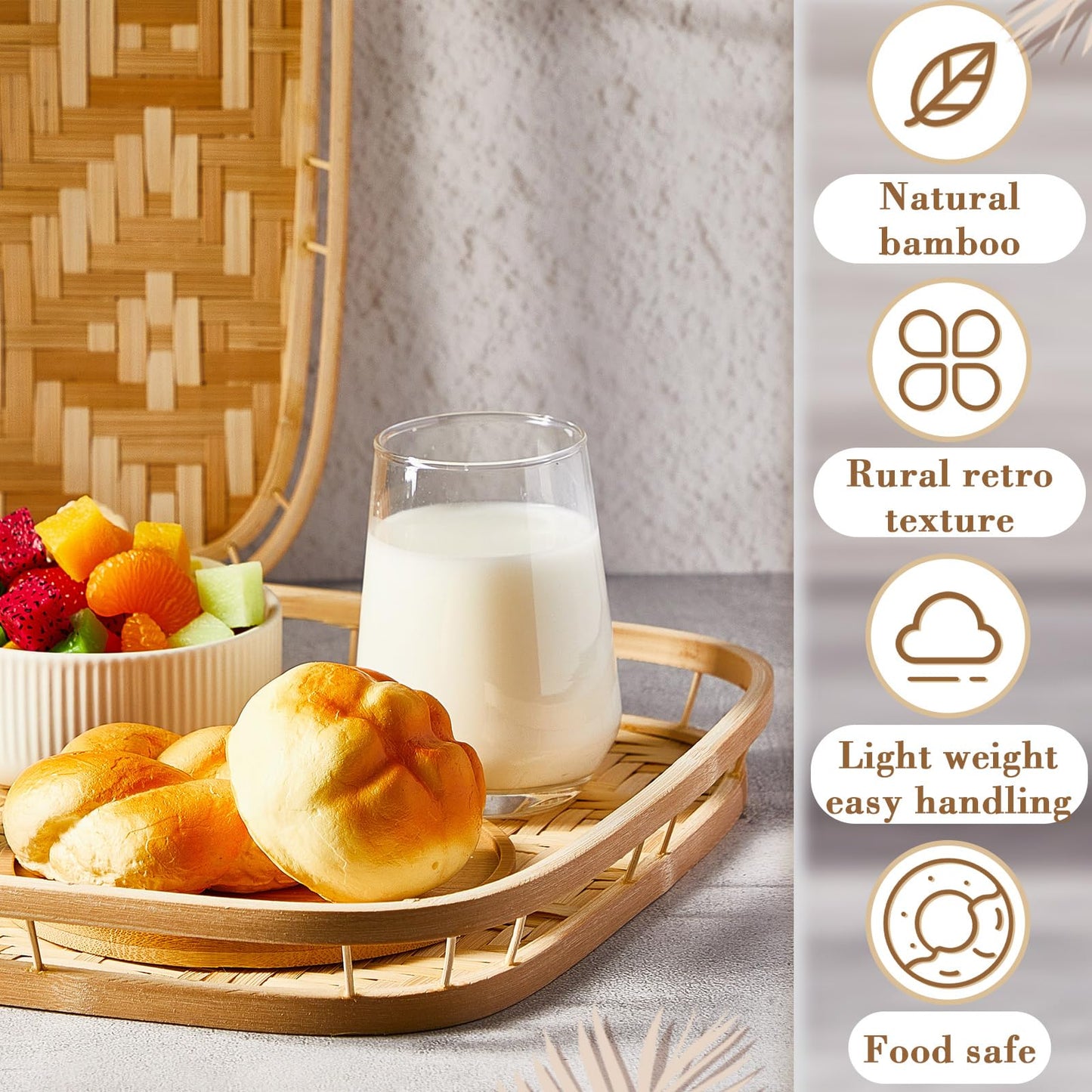 FillTouch 6 Pcs Bamboo Wicker Serving Trays 16.93 x 13 x 1.57 Inch Hand Woven Lap Trays for Eating Rectangular Flat Baskets Trays Decorative Bedroom Bed Tray for Eating Dinner Tray Fruit Snack Holder