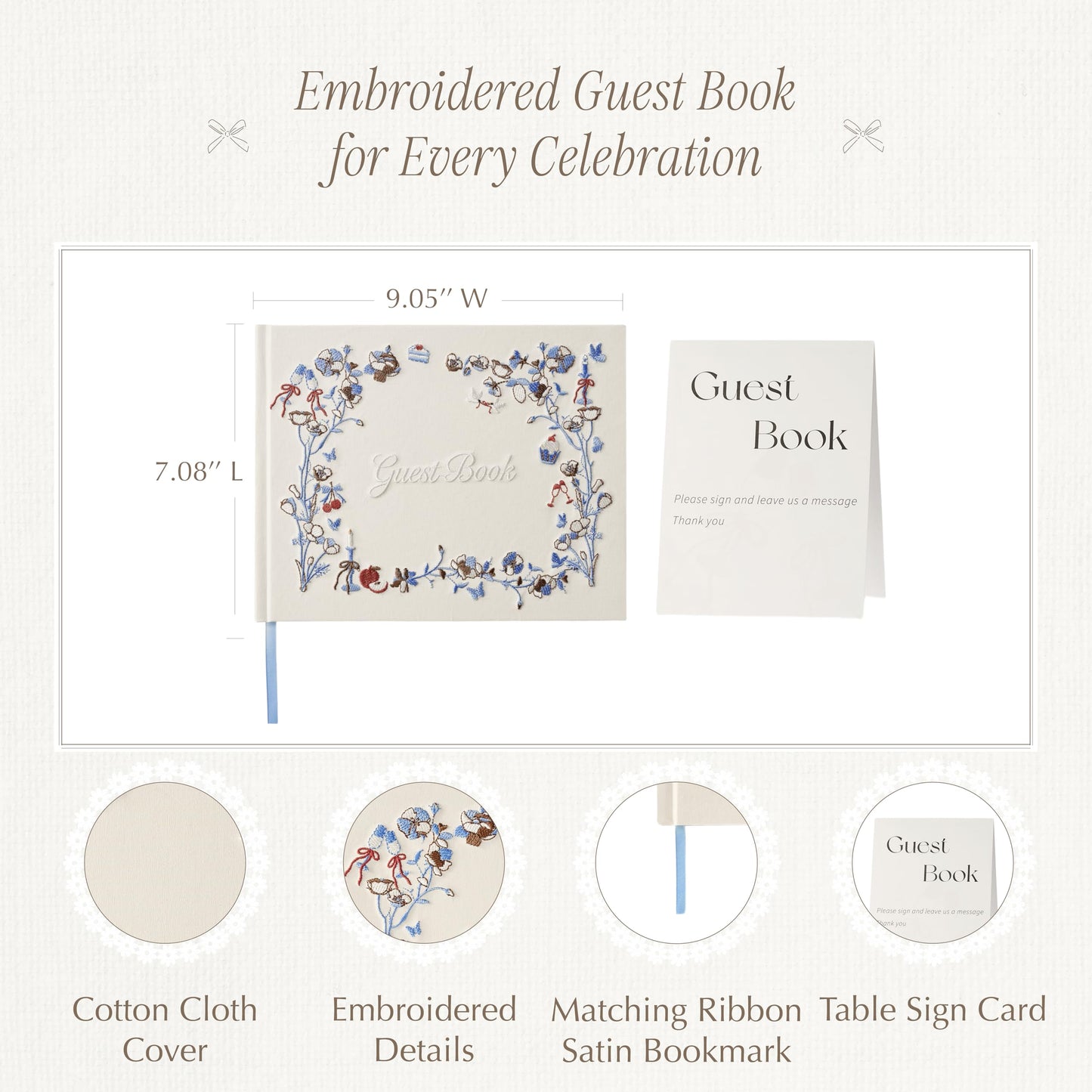 Jottyco Embroidered Wedding Guest Book, Cotton Cover, Acid-Free Paper, 160 Pages, 9" L × 7" W, Sign in Book for Wedding Reception, Baby Shower&Events, with Envelopes, Table Card&Cotton Pouch (Ivory)
