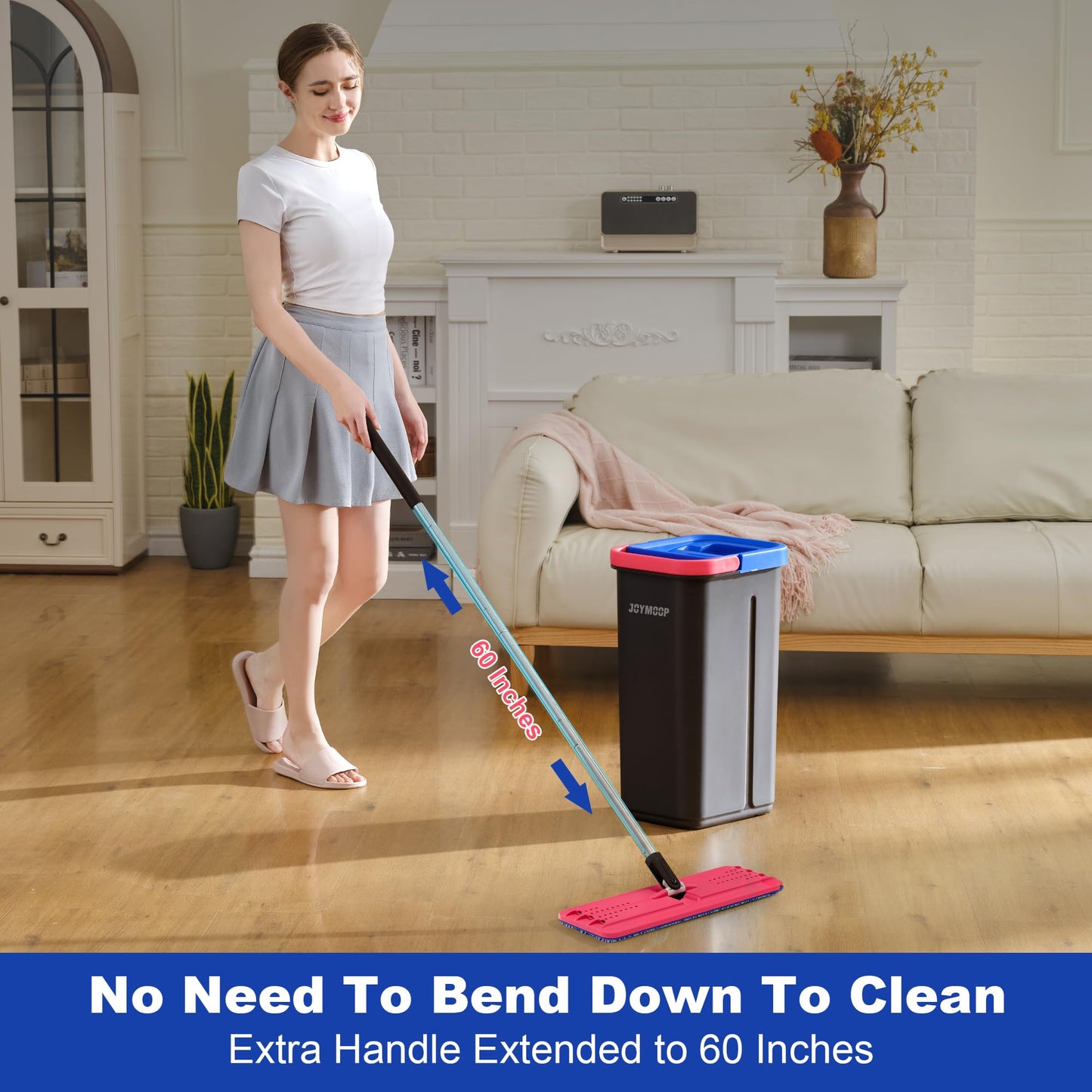 JOYMOOP Flat Mop System, Microfiber Mop and Bucket Set, Black, Floor & Wall Cleaning Mop for Home & Commercial Use, 60" Long Handle, Includes 5 Washable Pads