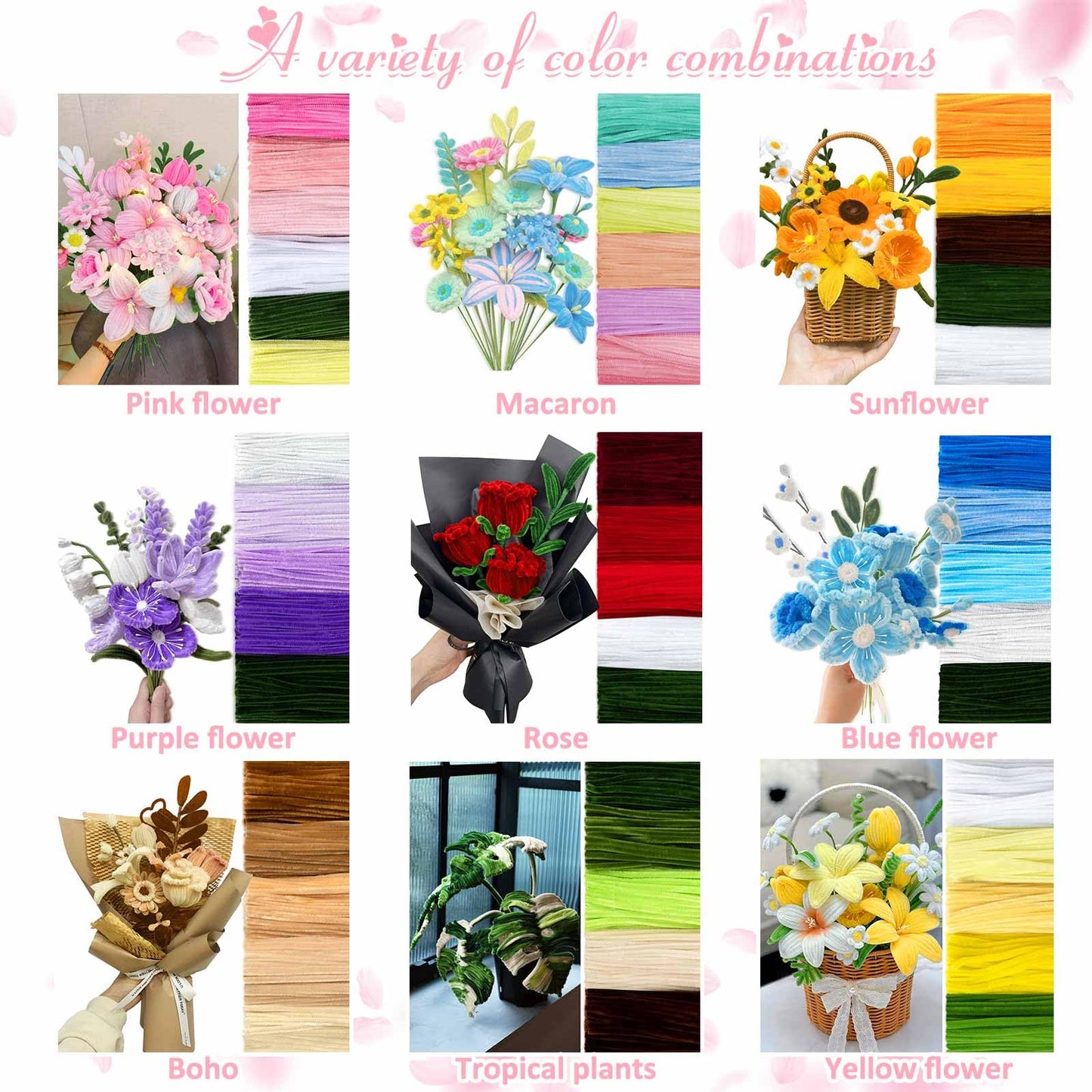 Peryiter 3600 Pcs 12 Inch Craft Pipe Cleaners Fluffy Chenille Stems Bulk with 50 Flower Stems 4 Rolls Floral Tape and 350 Yellow Stamens for DIY Art Projects Creative Gift Wrapping Party Decorations