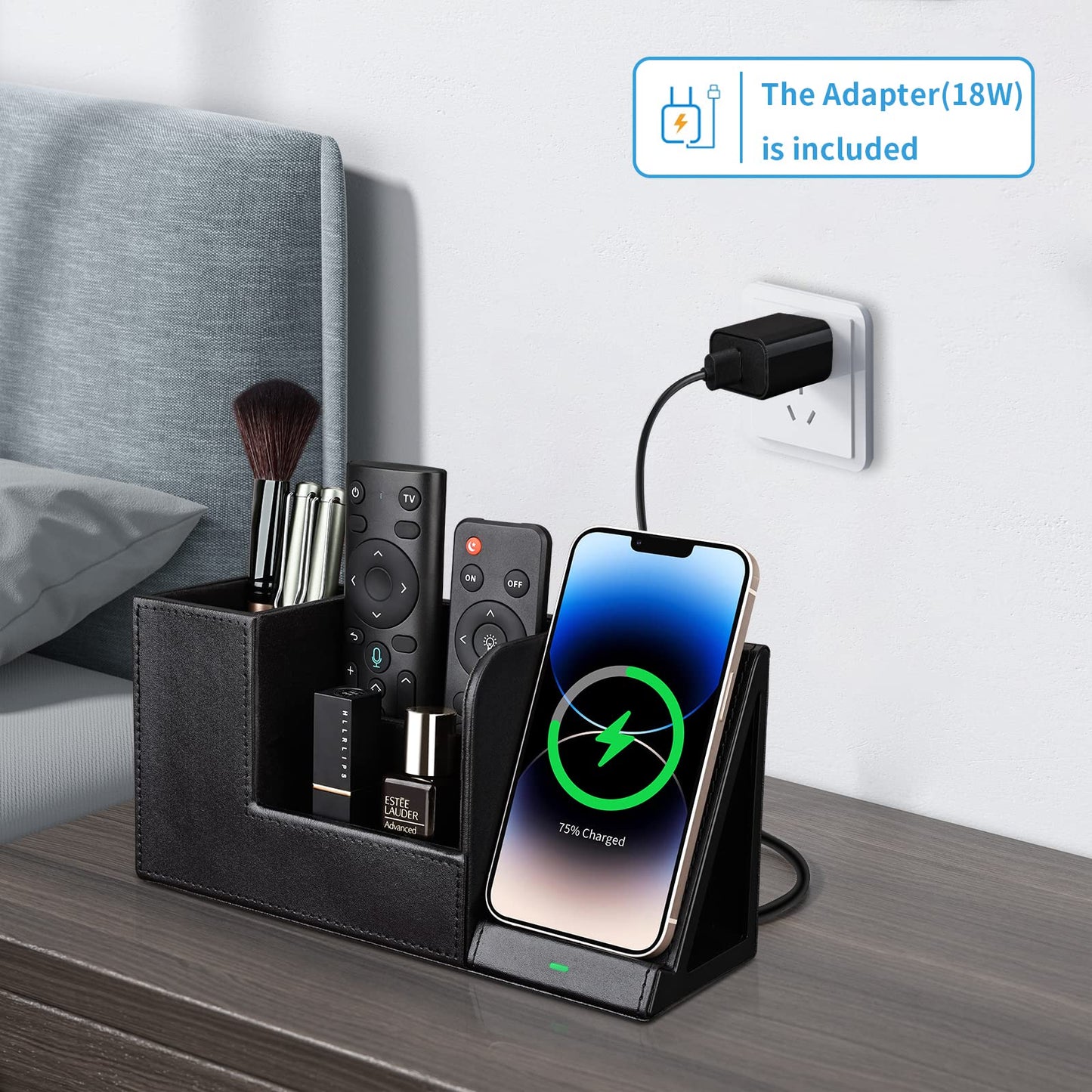 KINGFOM PU Leather Desk Organizer with Wireless Charging Station for iPhone, 10W Wireless Charger for iPhone 14/14 Pro/13/12/Samsung Galaxy S23/S22/S21/Note 20/Note 10(Black-L)