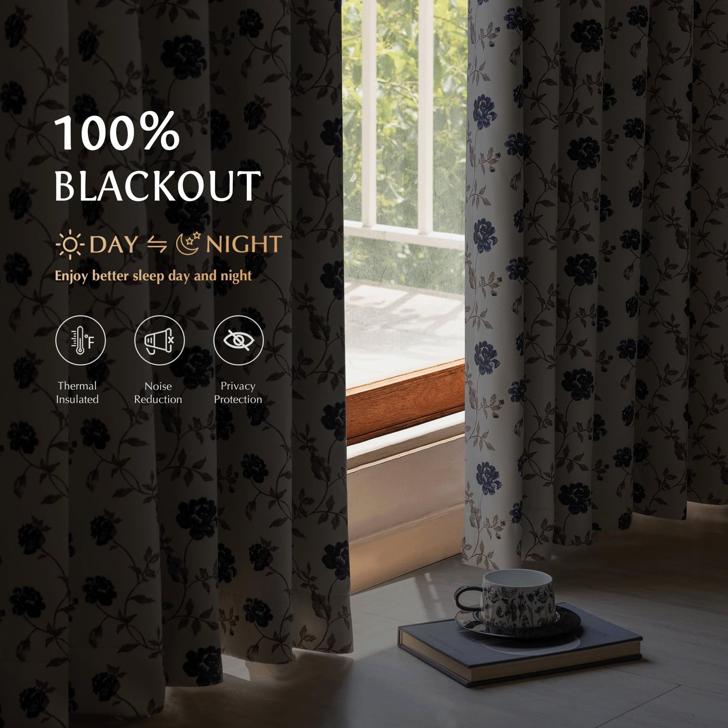 Beauoop Floral 100% Blackout Curtains 84 Inches Long 2 Panels for Bedroom Living Room Blue Brown on Beige Vintage Rose Flower Patterned Room Darkening Thermal Soundproof Grommet Window Drapes, 52X84
