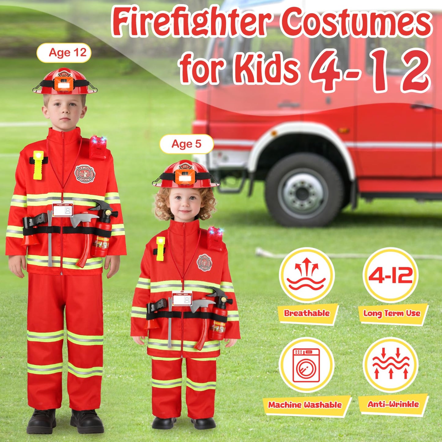 HUUIDY Fire Chief Costumes for Kids, Fireman Role Play Dress Up Set, Kids Costume with Fire Fighter Accessories