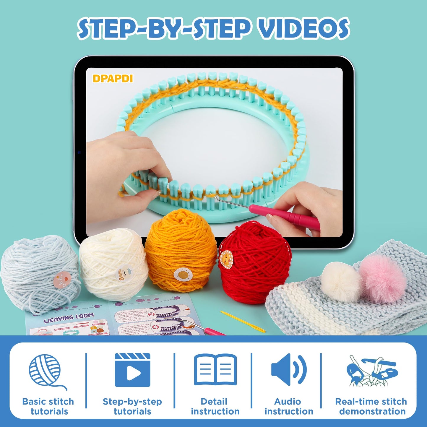 DPAPDI Knitting Loom Kit for Beginners, Creative Craft Toy for Girls Ages 7 8 9 10 11 12 with Storage Boxes Yarns Knitting Tools, Fantastic DIY Gifts Knit Hat Scarf
