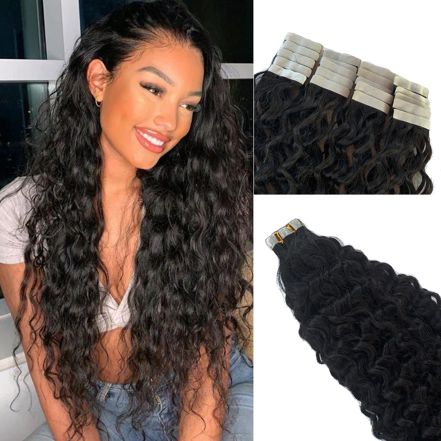 Natural Black Water Wave Tape in Human Hair Extension Black Women,100% Brazilian Virgin Hair Skin Weft Loose Wave Tape on Double Sided Hair Extensions for Short Hair…
