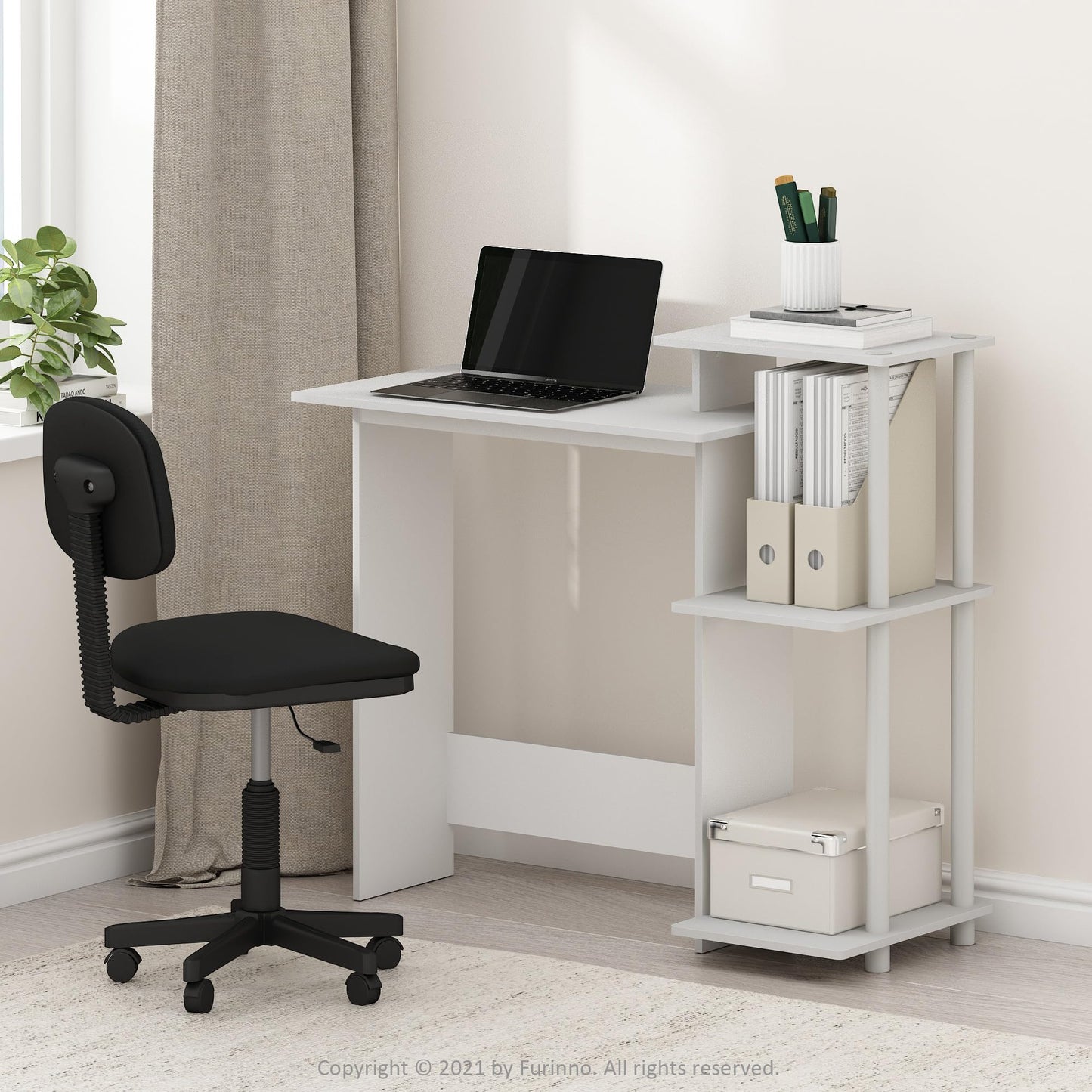 Furinno EFFICIENT Desk, 28.6" Wide Gaming Desk with 3 Open Side Shelves, Laptop Notebook Computer Desk, Office Desk for Home Office, Study Room, Dorm, Bedroom, White