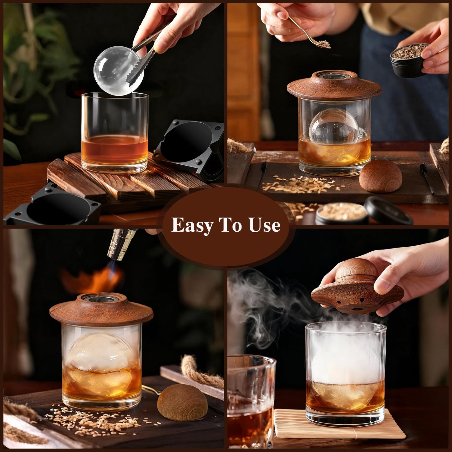 Whiskey Smoker Kit with Crystal Clear Ice Ball Maker, Torch Included, 6 Wood Chip Flavors, Old Fashioned Cocktail Smoker Kit, Bourbon Whiskey Gifts for Men, Dad (No Butane)