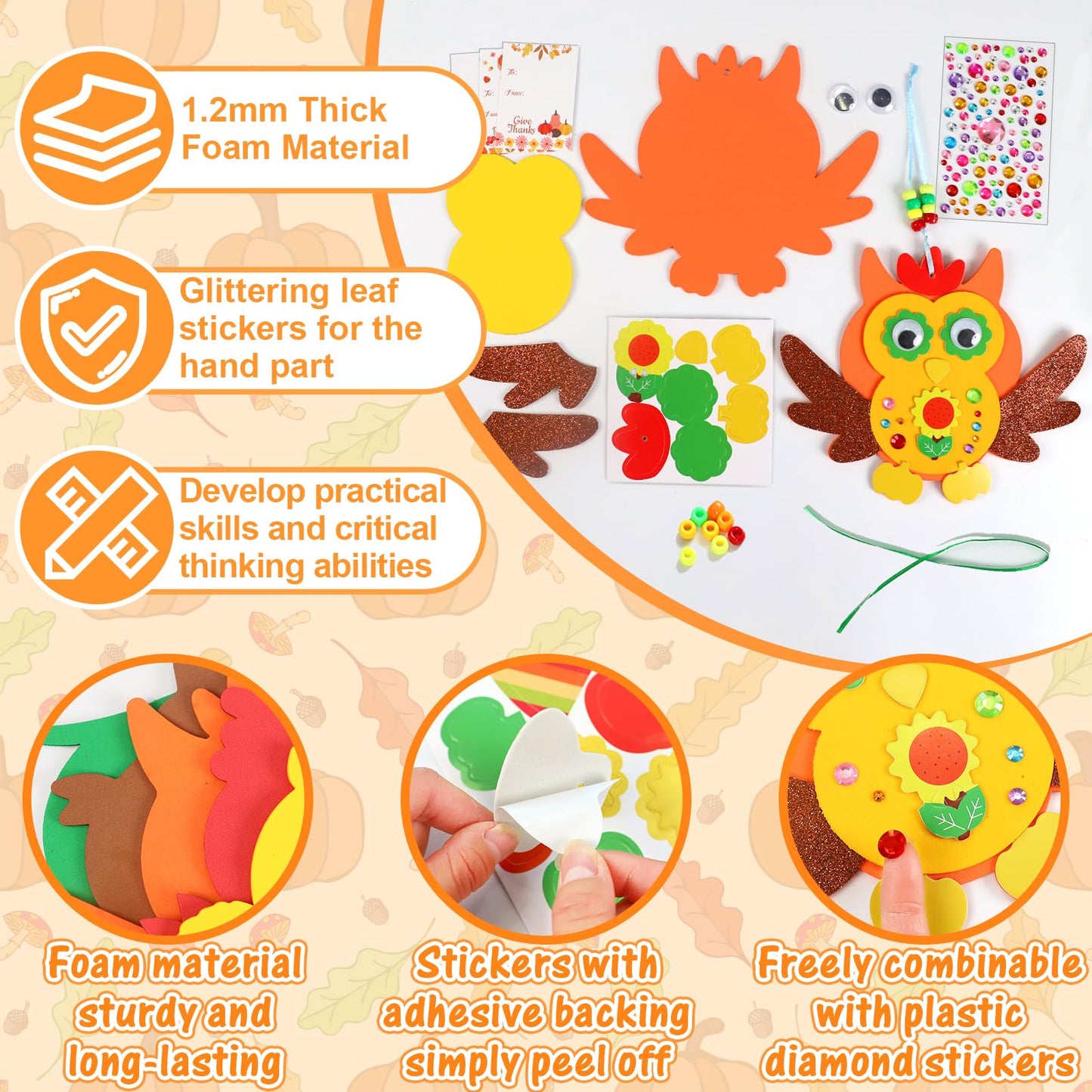 230Pcs Thanksgiving Crafts for Kits 24 Sets Funny Fall Crafts for Kids Include Thicker Turkey Owl Foam Cards Glitter Thanks giving Stickers and All Accessories for Kids Adults Thanksgiving Decorations