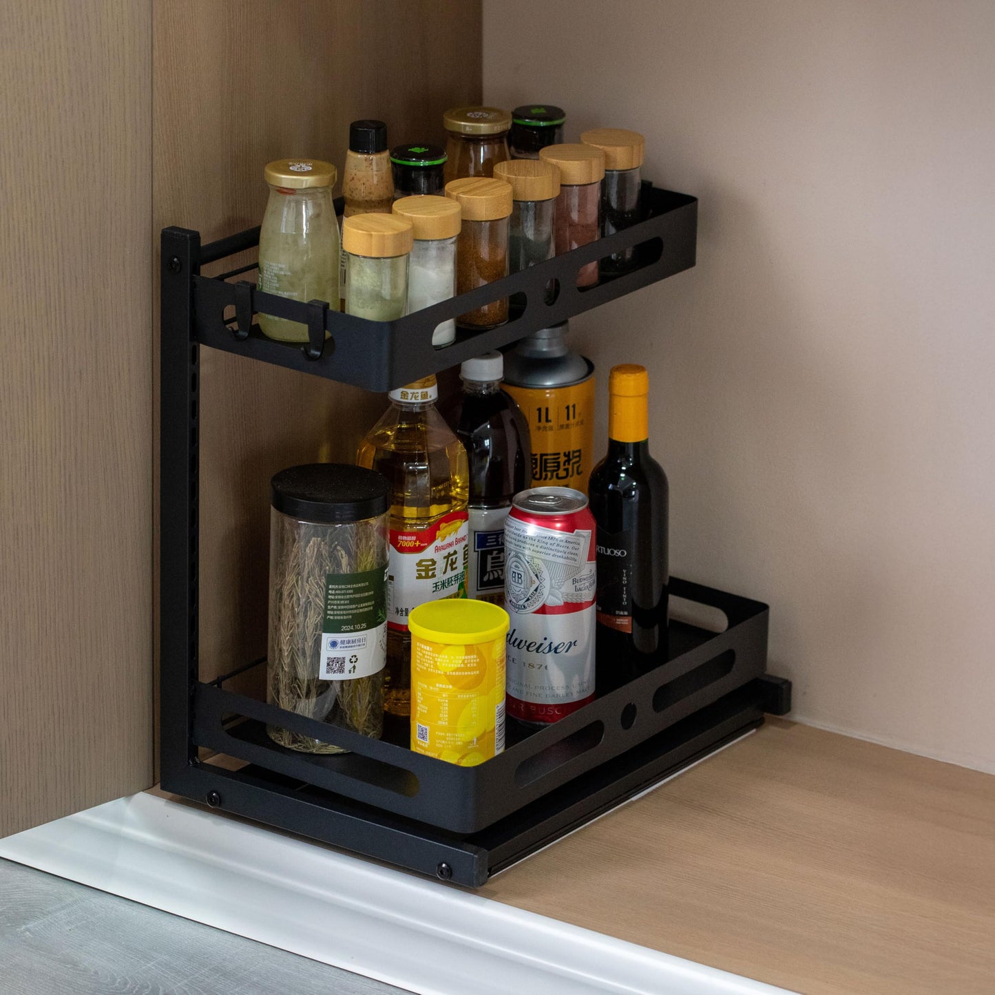 Basicwise Adjustable Height Under Sink Pull-Out Organizer Sliding Shelf Rack Heavy-Duty Mesh Baskets for Kitchen & Bathroom Cabinets Ideal for Tall Bottles Cleaning Supplies & Tight Spaces, Set of 2