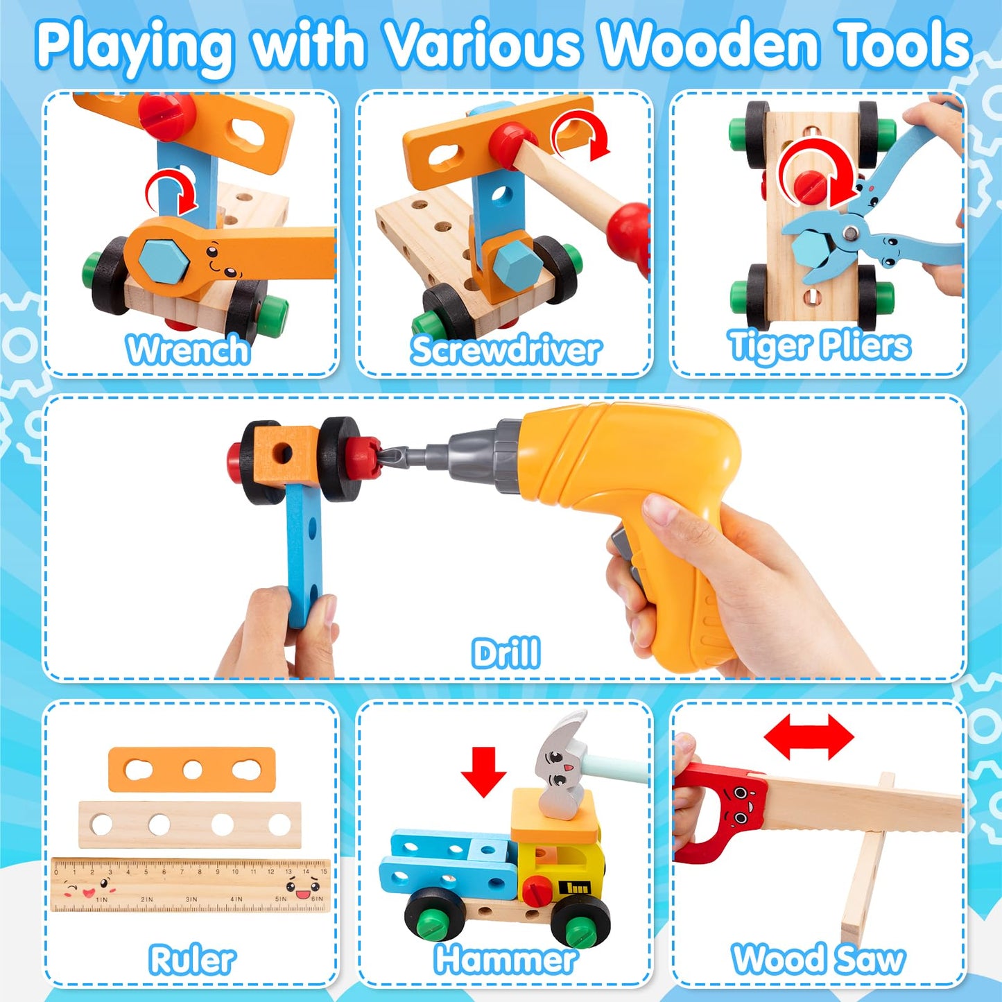 Kids Tool Set - Wooden Montessori Educational Tool Box for Toddlers with Electric Drill, 59 Pieces STEM Building Toys for Building