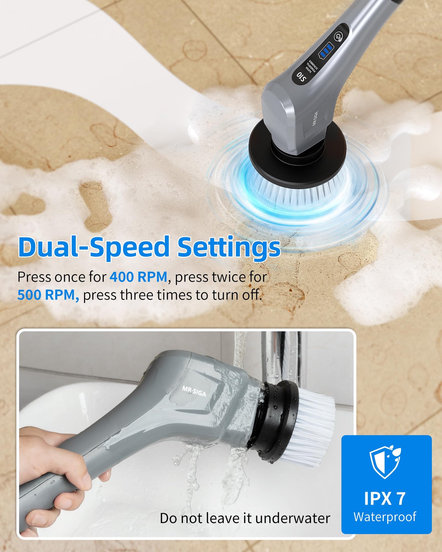 MR.SIGA Electric Spin Scrubber, Cordless Cleaning Brush, Shower Scrubber with 7 Replaceable Brush Head, Waterproof Bathroom Power Scrubber for Kitchen and Bathroom Cleaning