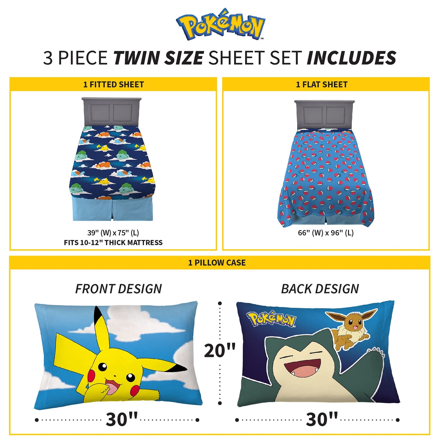 Pokemon Anime Kids Bedding Super Soft Microfiber Sheet Set, Twin, (Officially Licensed Product) by Franco