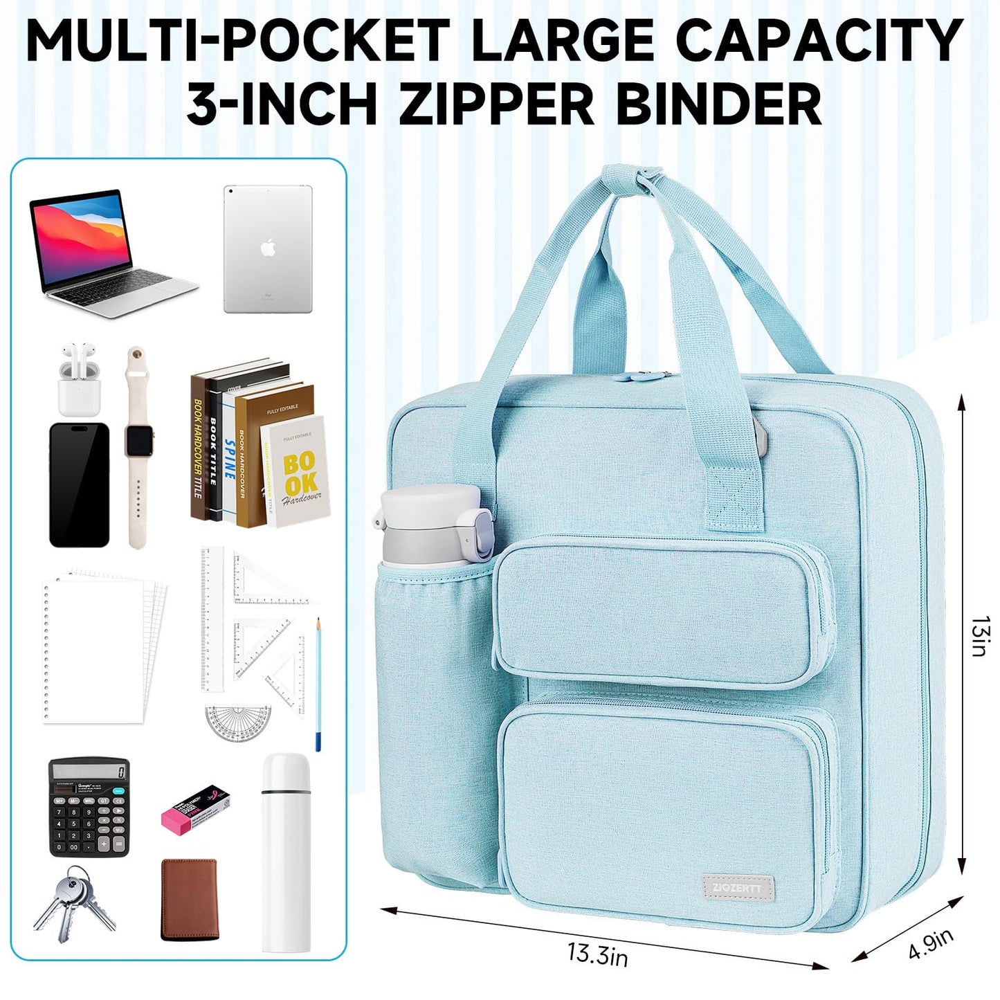 Zipper Binder 3 Ring, 700 Sheets Capacity, Binder 3 Inch with Shoulder Strap Fits 13 Inch Laptop for School and Office,Blue