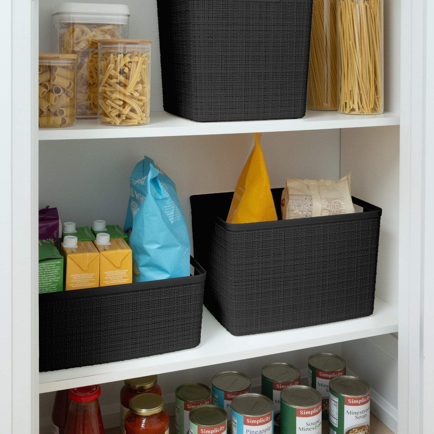 Curver Set of 4 Large 20L Jute Decorative Plastic Organization and Storage Baskets - Perfect Bins for Home Office, Closet Shelves, Kitchen Pantry and All Bedroom Essentials, Black