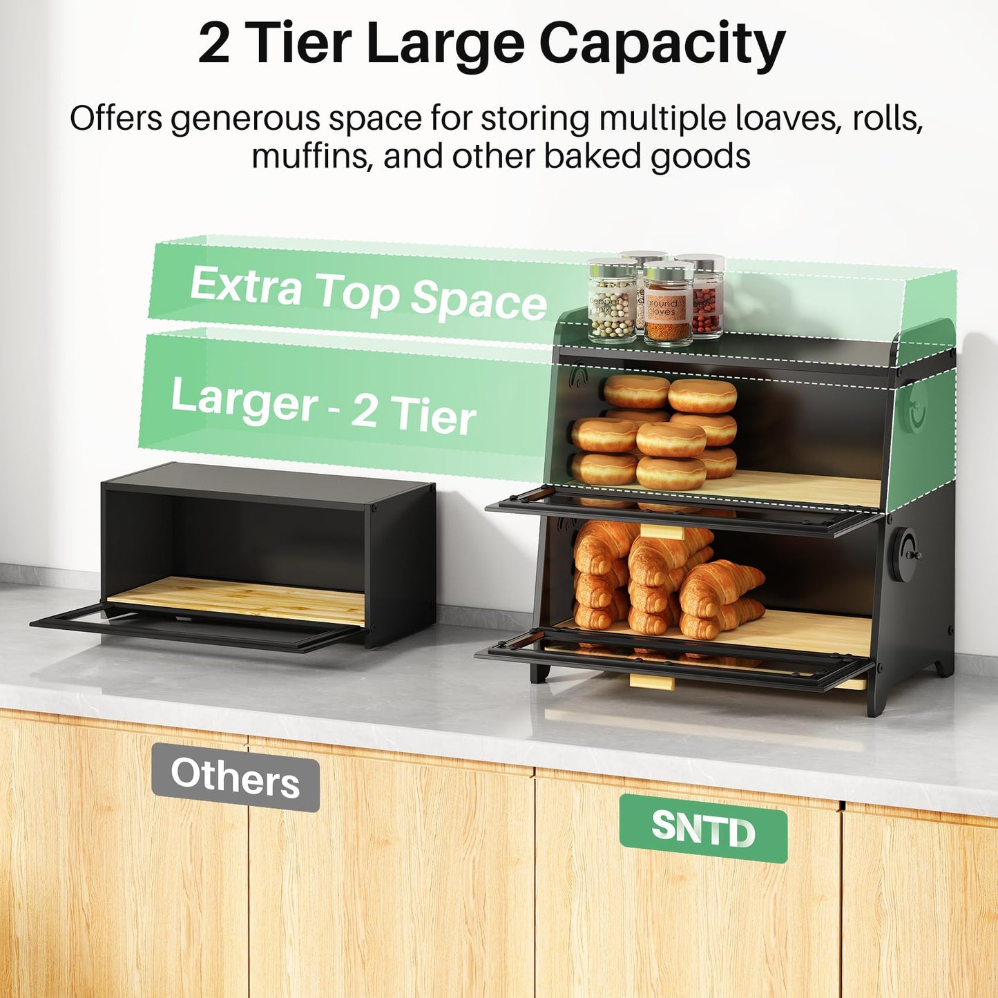 SNTD Bread Box - Kitchen Countertop Bread Storage Container with Bamboo Cutting Board, Adjustable Vent Hole Dials, Black