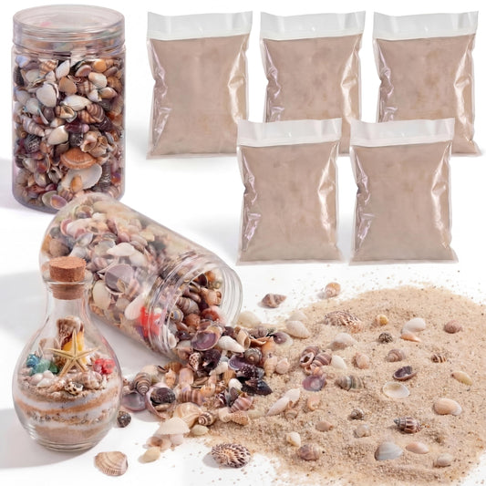 Fiwochic Natural 5.5 LB Sand and 1000 Pcs Tiny Sea Shells Mixed Ocean Beach Seashells Decorative Sand for DIY Craft Vase Filler Wedding Home Decor Beach Theme Party