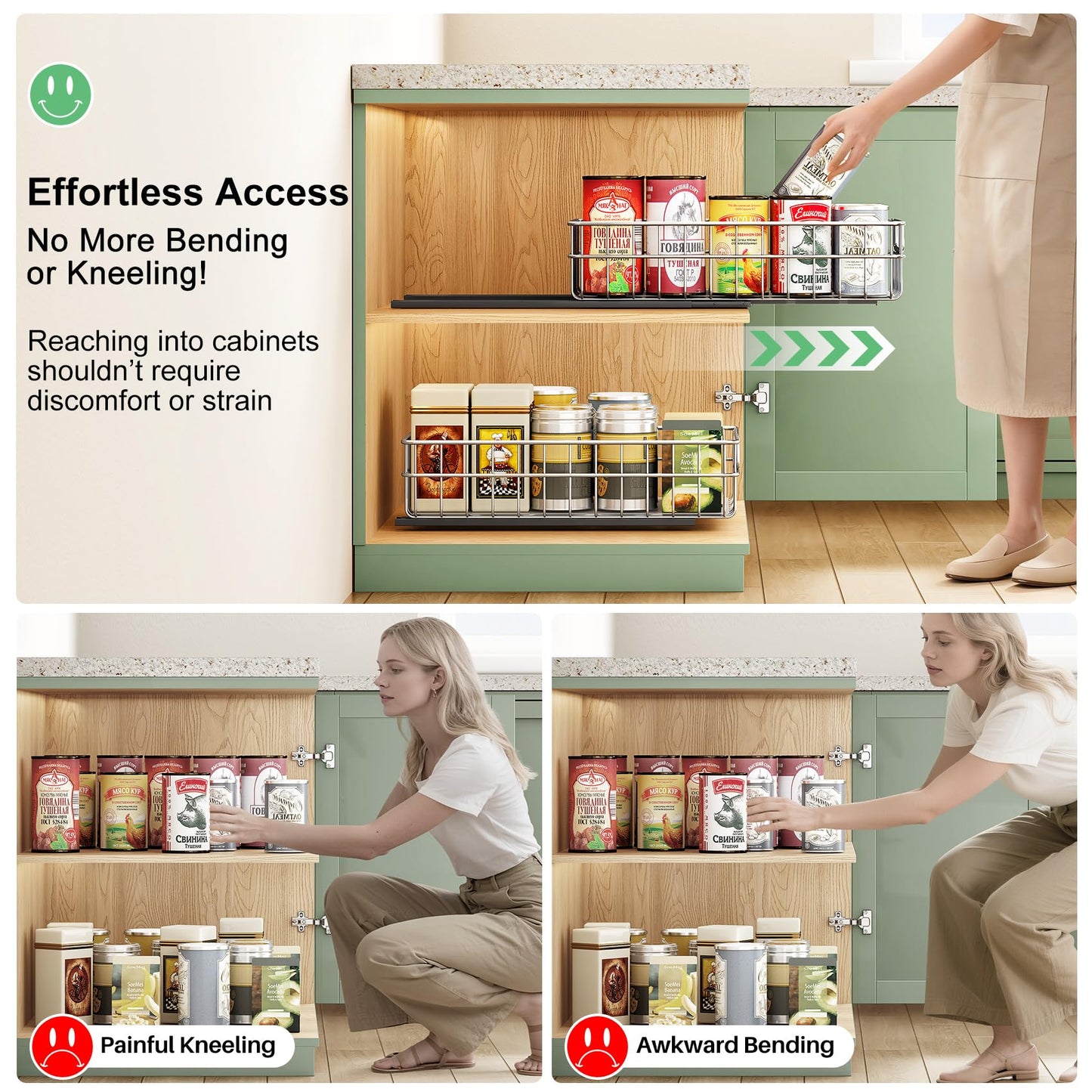 Pull out Cabinet Organizer, Stainless Steel 2-Pack Slide out Drawer with Silent Full-Extension Slides, Adhesive Roll out Can Spice Storage Basket Shelf Rack for Pantry, Kitchen, Bathroom, Home Closet