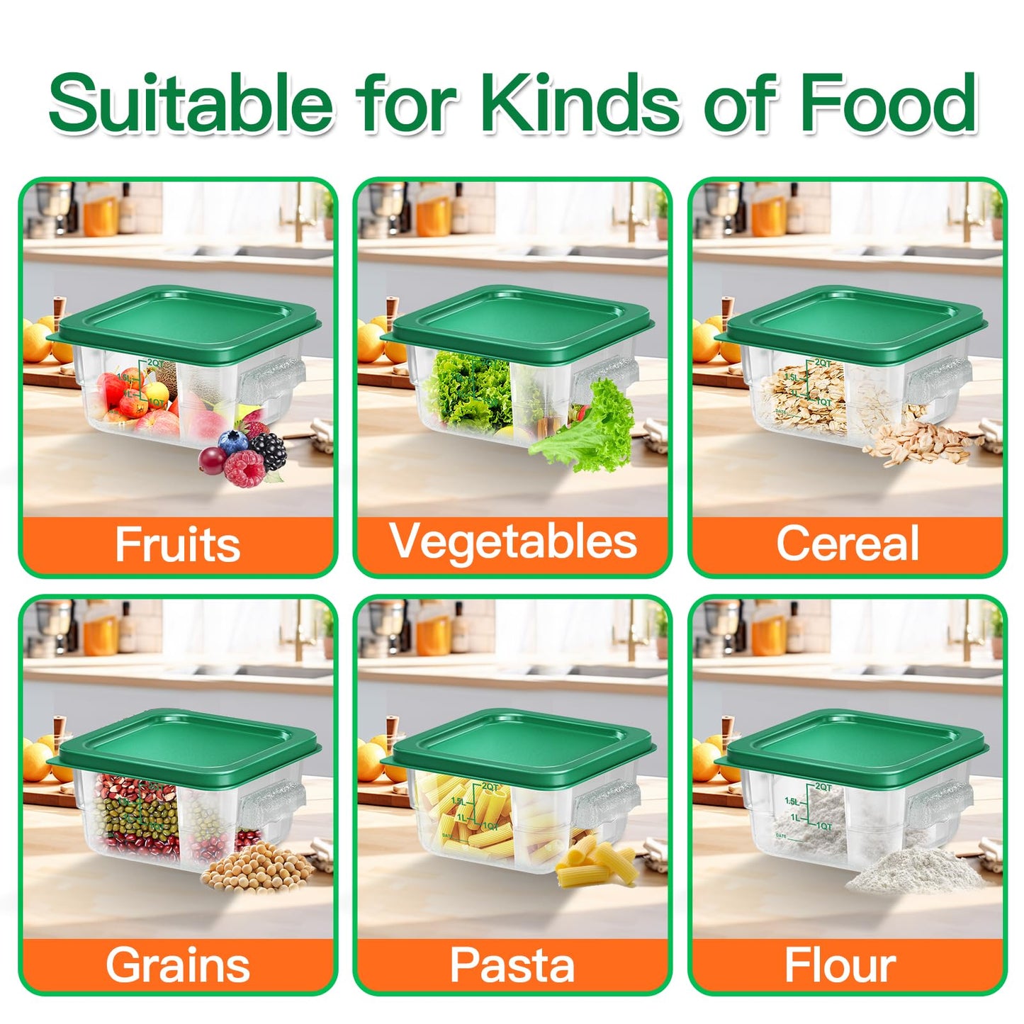 FeyBuosk 6 pcs 2qt Food Storage Containers with Lid, Square Clear Commercial Storage Containers with Handle and Scale for Food Storage in Home Kitchen & Dining (Green)