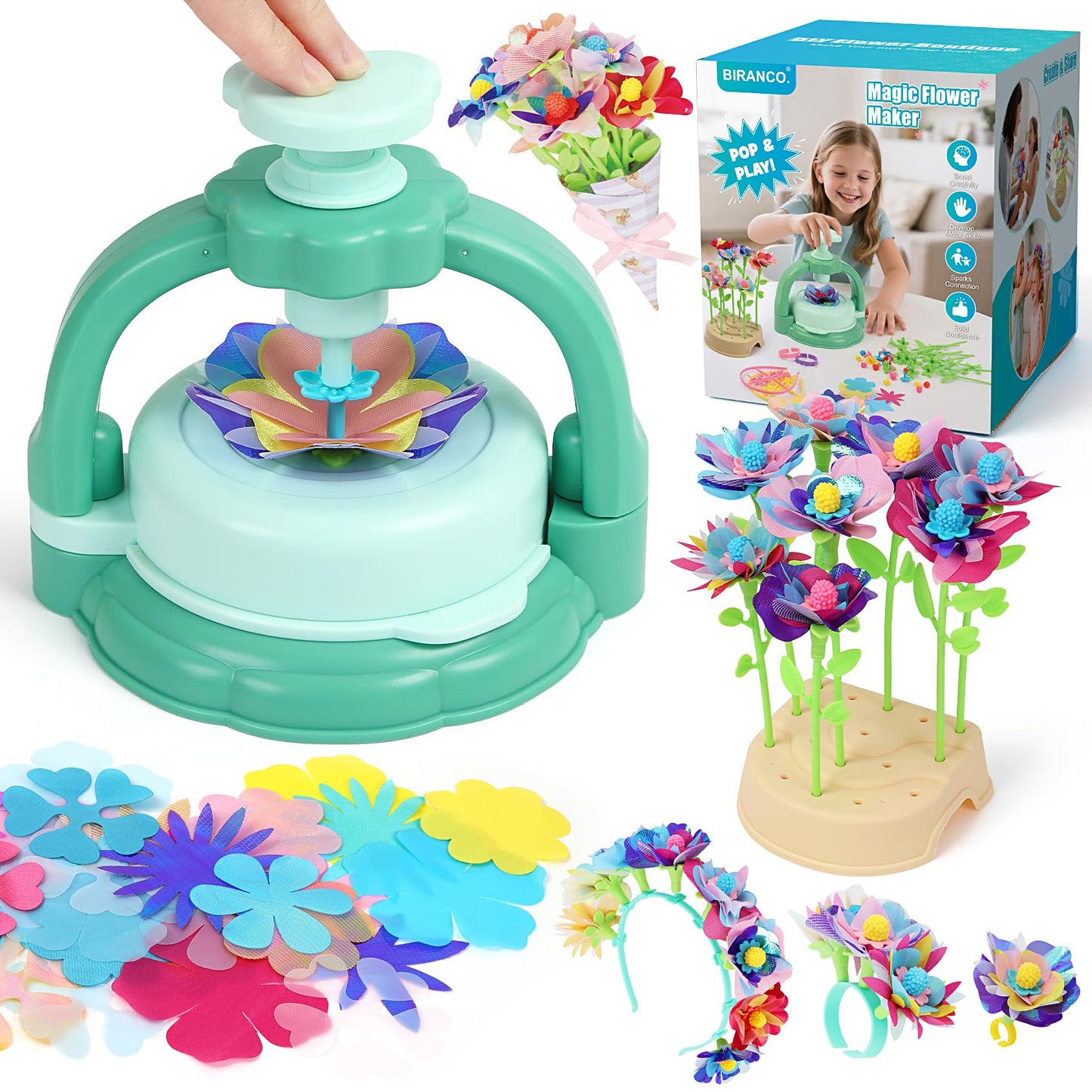 BIRANCO. Flower Bouquet Making Kit for Kids - Build Your Own Flower Market, Arts and Crafts Toys for Girls Ages 4-8, Educational Activity with Rich Accessories, Large