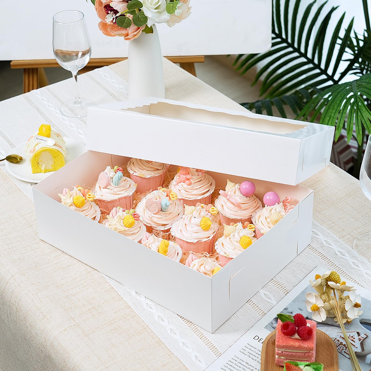 Moretoes 40pcs 14x10x4in Sheet Cake Boxes, Quarter Sheet Bakery Boxes with Window, for Pastry Baking Cake, Cupcakes, Donuts, Cookies, Pie Treat Packaging For Graduation, White Large
