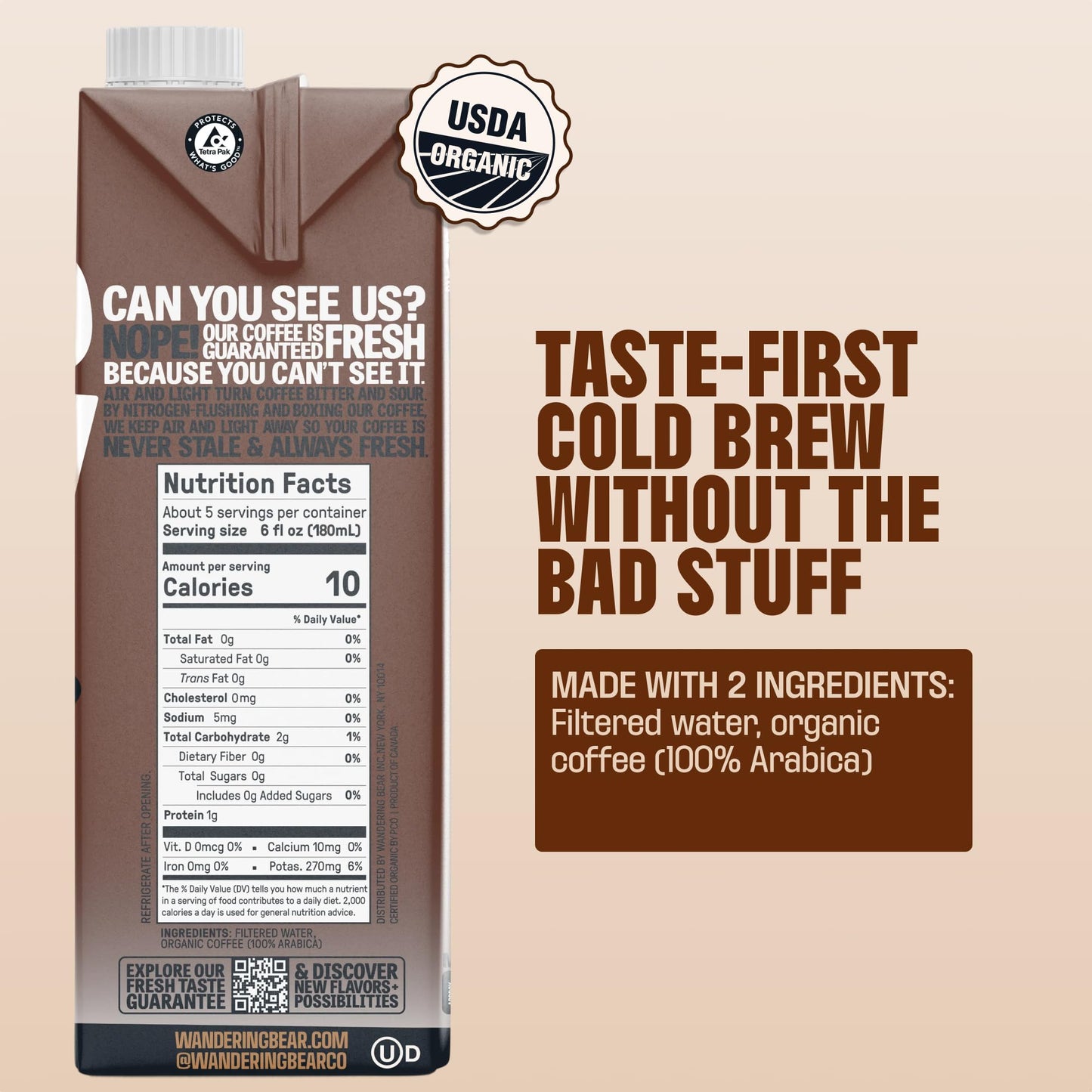 Wandering Bear Espresso Roast Organic Cold Brew Coffee - Extra Strong Bold, Smooth, No Sugar Added, Shelf-Stable, Ready to Drink & Vegan, 100% Organic Iced Cold Brewed Coffee Drink - 32 fl oz, 6 pack