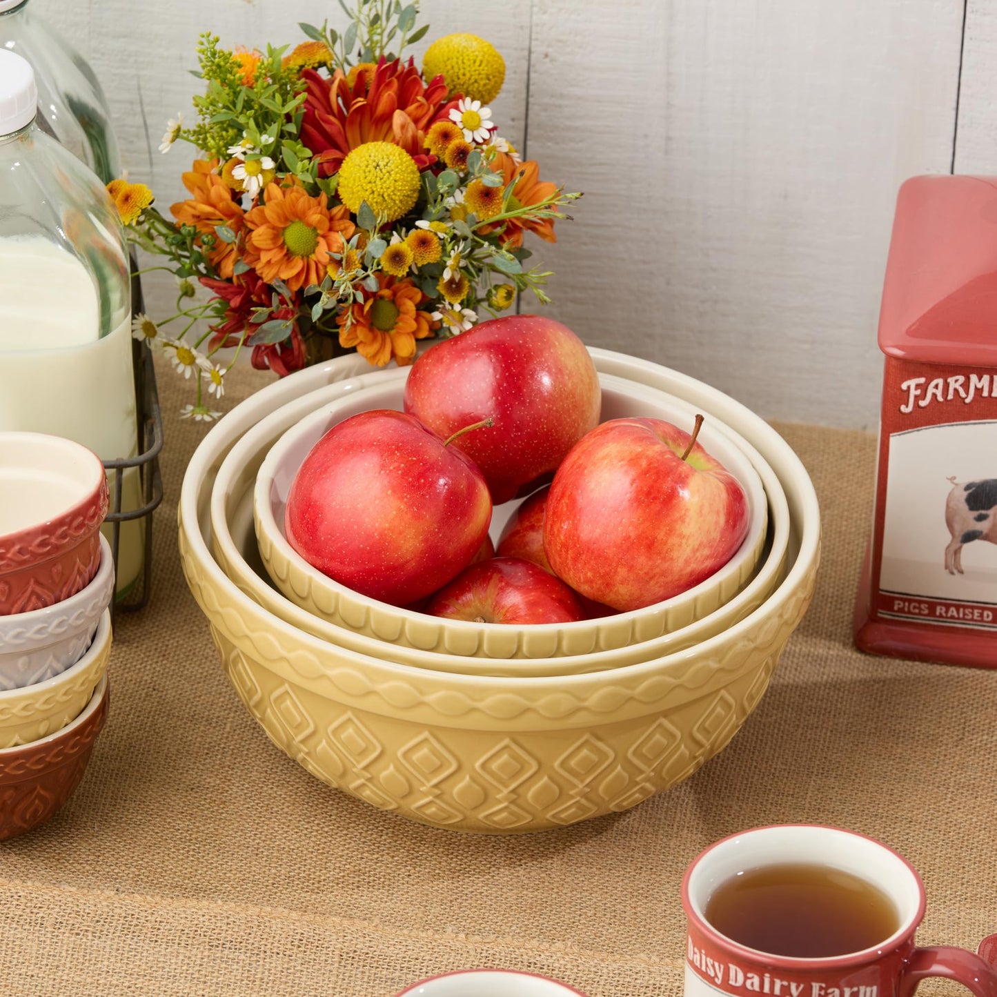 Vintage Farm Stoneware Mixing Bowl Set, 3-Piece, Includes 2 Qt, 3 Qt & 4.25 Qt Bowls, Embossed Patterns in Golden-Honey Finish, Durable & Nesting Design, Perfect for Mixing, Baking & Serving
