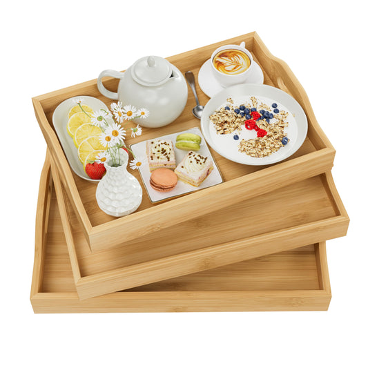 3 Pack Serving Tray with Handles, 3 Sizes Nestable Rectangular Tray Easy Carrying Serving Trays, Durable Bamboo Trays for Serving Food, Party, Kitchen, Organizing, Decorating