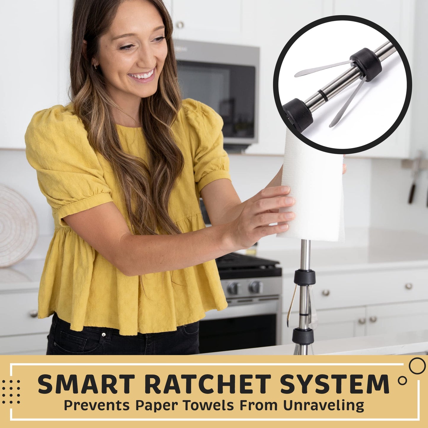 Stainless Steel Paper Towel Holder Designed for Easy One-Handed Operation - This Sturdy Weighted Paper Towel Dispenser Countertop Model Has Suction Cups and Holds All Paper Towel Rolls