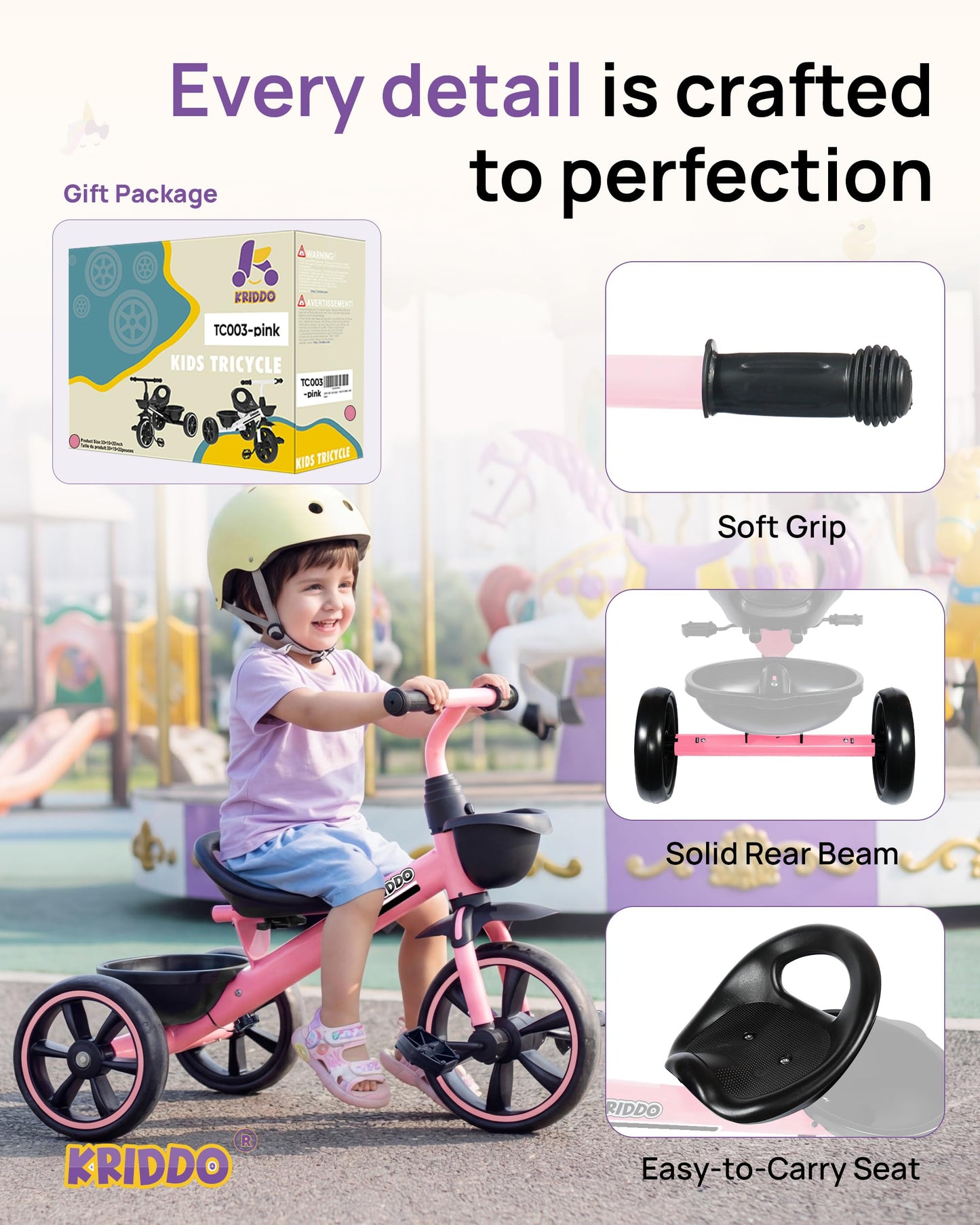 KRIDDO Kids Tricycles Age 24 Month to 4 Years, Toddler Kids Trike for 2.5 to 5 Year Old, Gift Toddler Tricycles for 2-4 Year Olds, Trikes for Toddlers, Pink