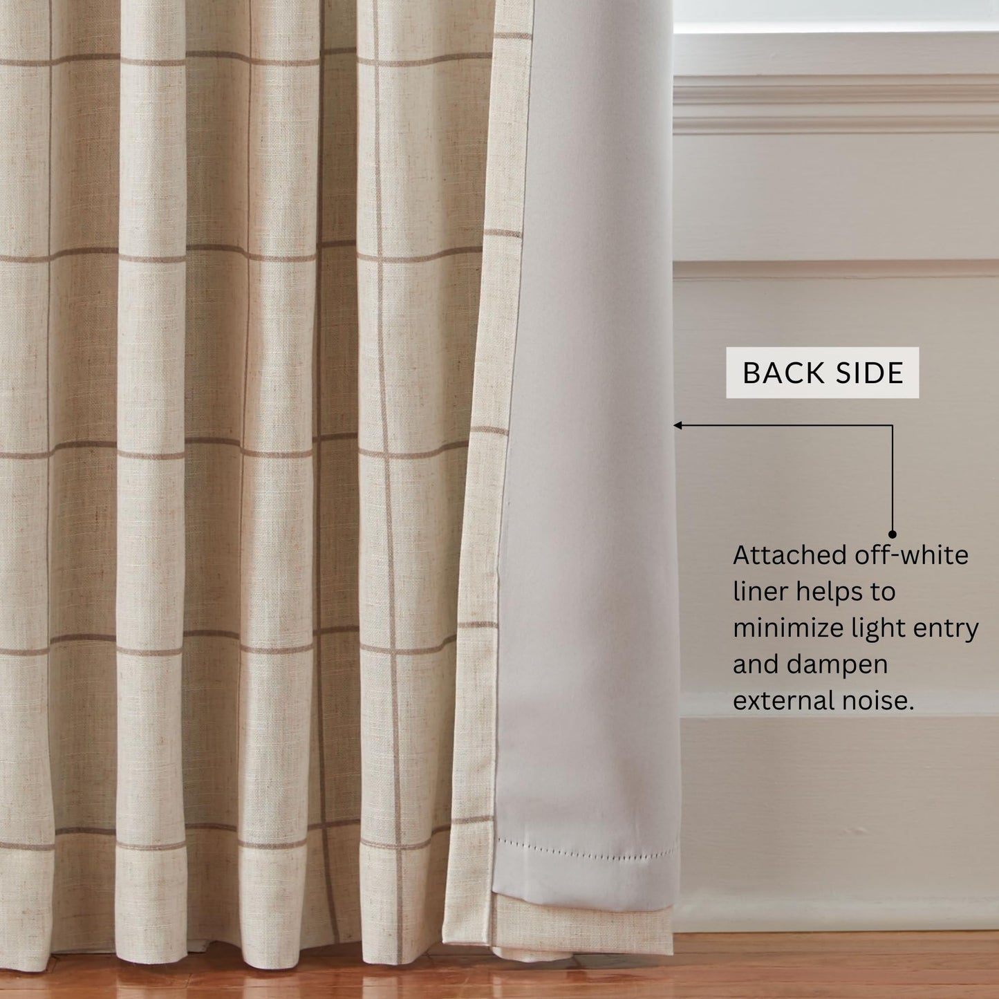 Elrene Home Fashions Brighton Windowpane Plaid Blackout Window Curtain, Living Room and Bedroom Drape with Back Tab and Rod Pocket Tabs, 52"x108", Linen, 1 Panel