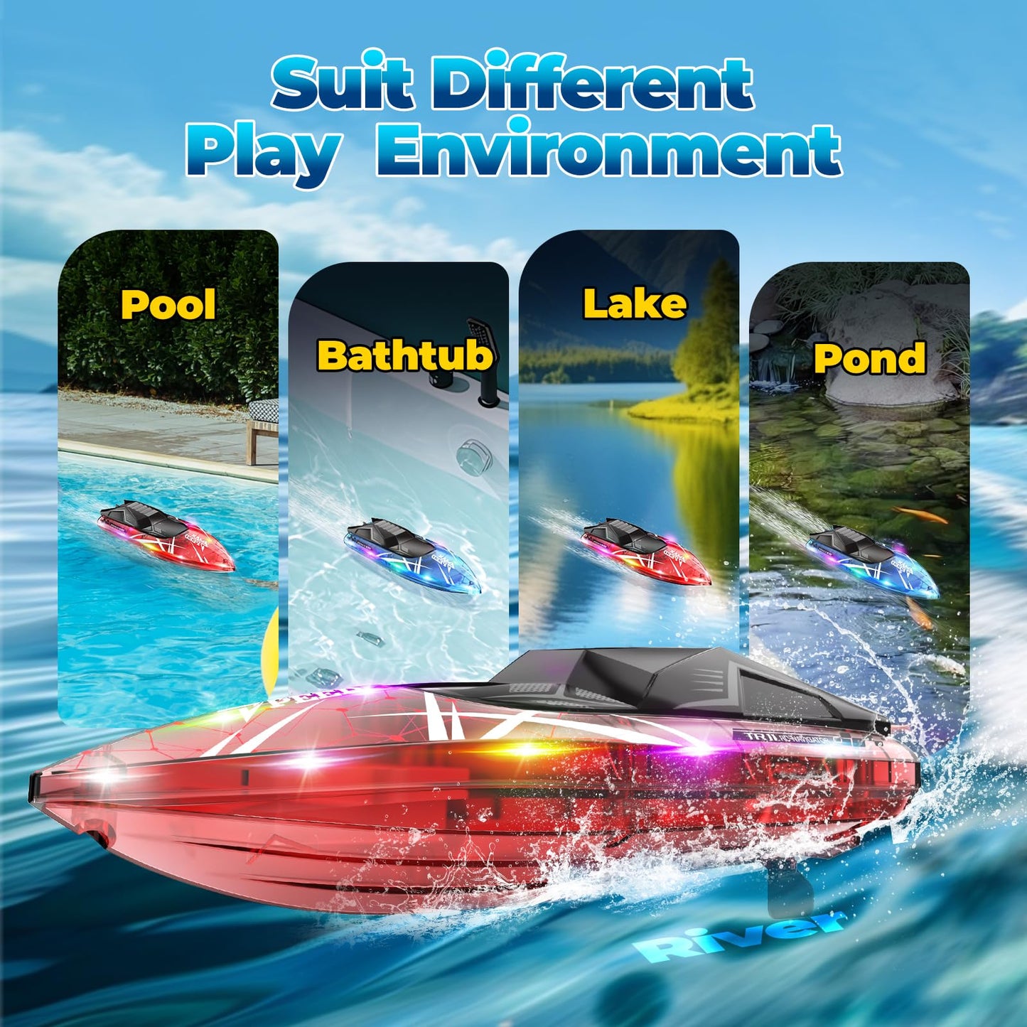 TOLLCY Remote Control Boat for Kids, 2Pack RC Boats with LED Lights for Pools Lakes River & Bathtub, 2.4Ghz Control, Whole Body Waterproof, 2 Rechargeable Batteries Summer Water Toys