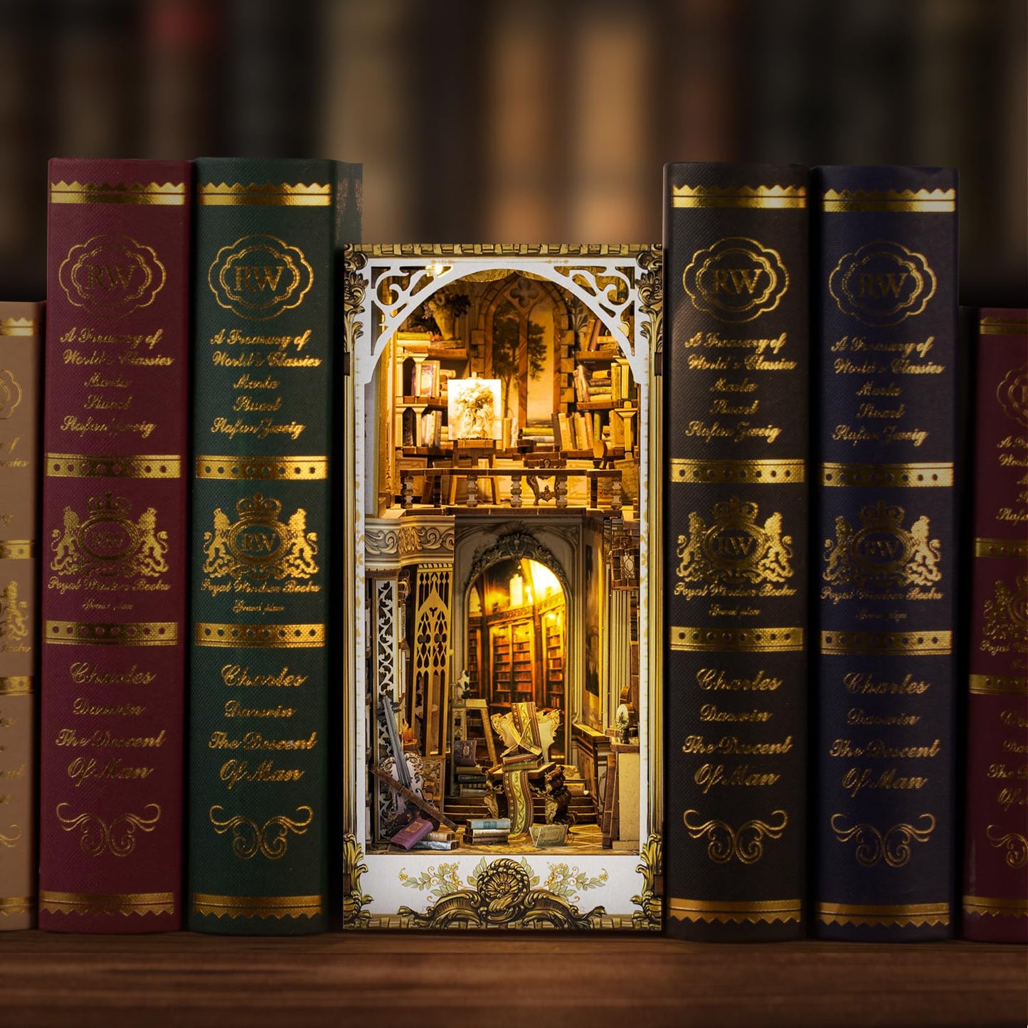 DIY Book Nook Kit - Bookend Diorama with LED - 3D Wooden Puzzle DIY Miniature House Kits - Bookshelf Insert Decor - Booknook Dollhouse Crafts Hobbies Gifts for Adults (Classical Library)