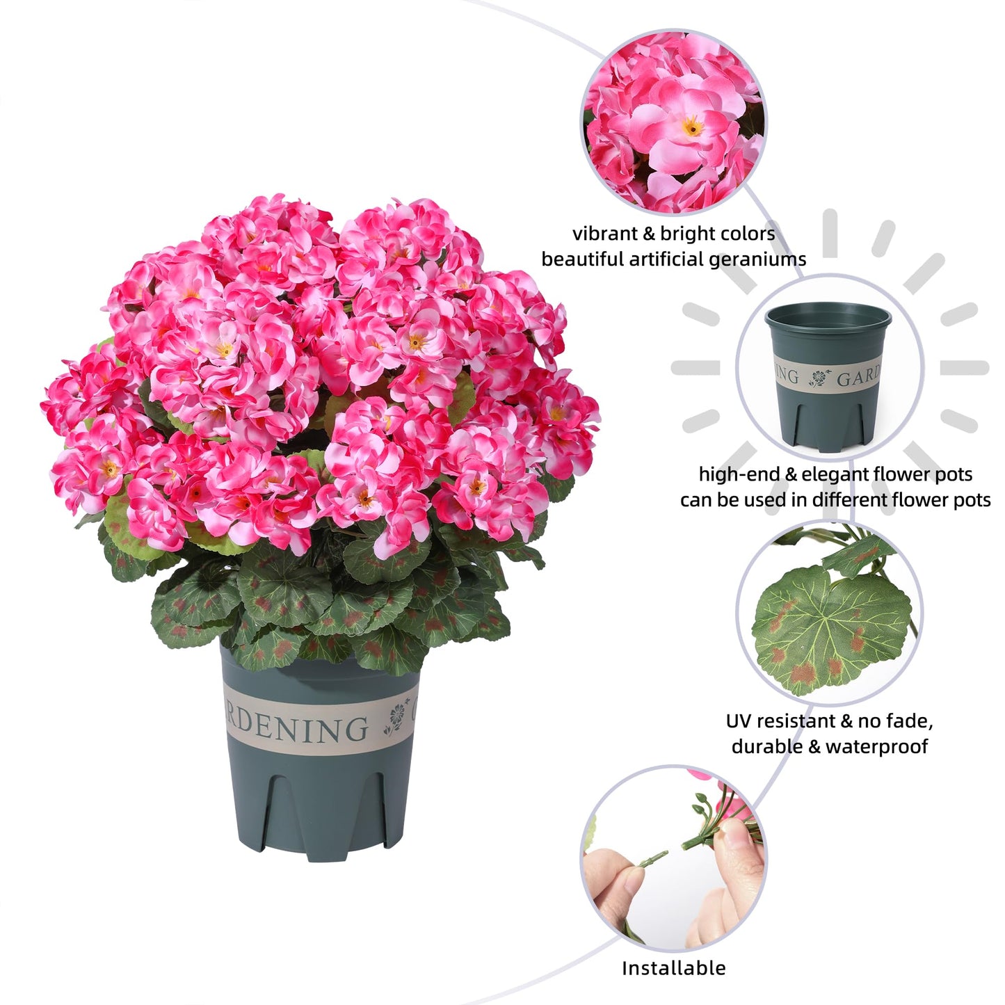 Geraniums Artificial Flowers for Outdoors, 2 Pack Potted Plants Pink Faux Geraniums Bush Artificial Topiaries Realistic UV Resistant Fake Flowers Plants for Planters Outside Gardens Front Door Indoor