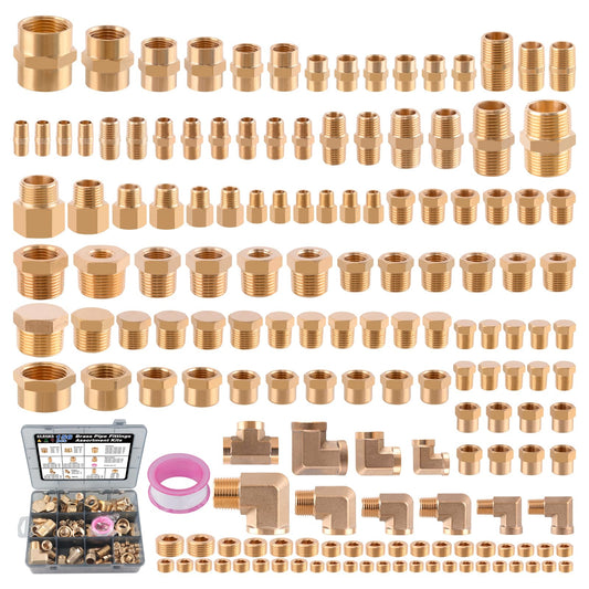 Ailbiuko 156PCS Brass Pipe Fittings Assortment Kit 1/8" 1/4" 3/8" 1/2" 3/4" NPT Adapter,Reducer Bushing, Hex Nipple, Reducing Hex Coupling,Hex Head Plugs,Street Elbow,Street Tee,Socket Plug