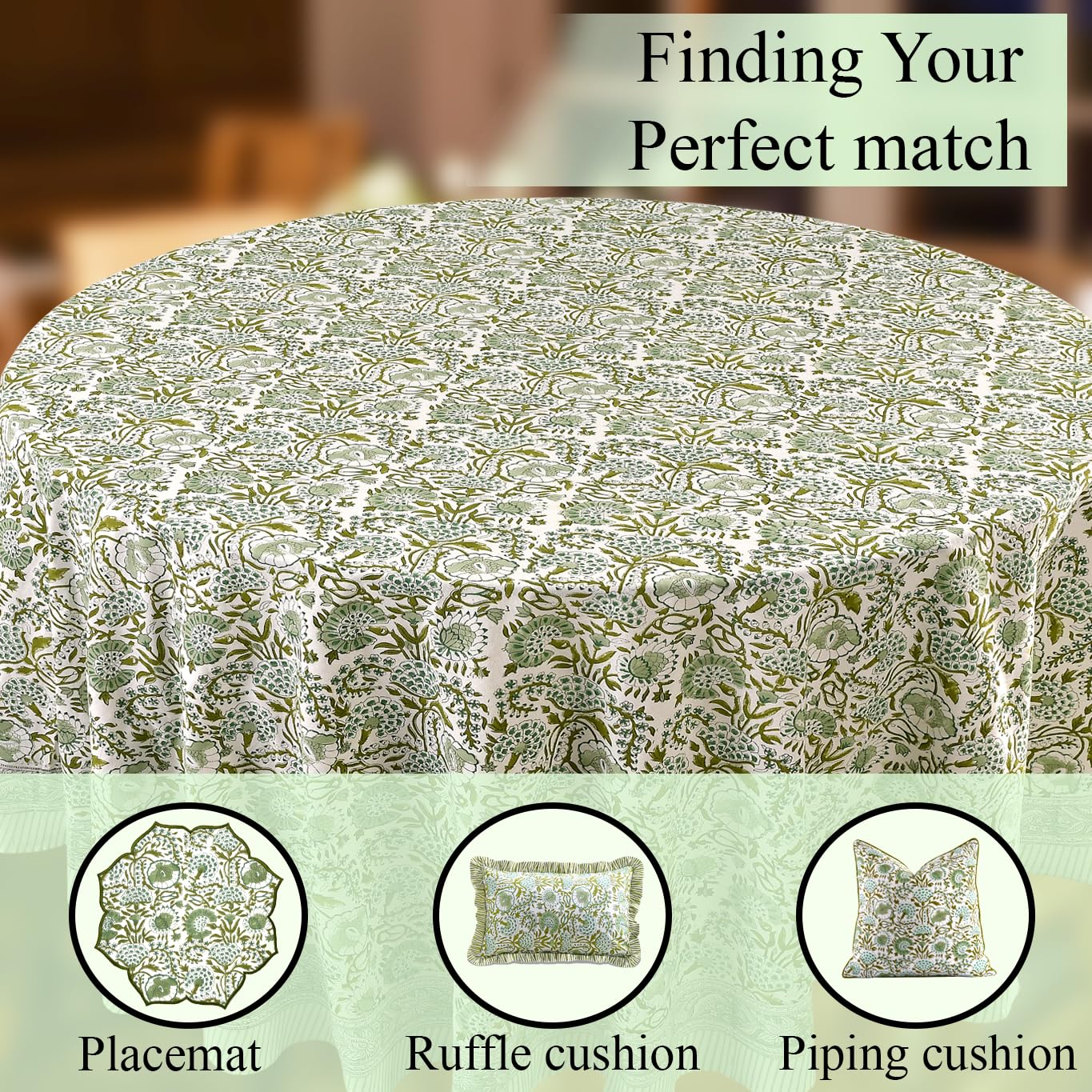 CPC Round Tablecloth- Cotton Indian Block Print Tablecloth -Handmade Printed Washable Cotton Table Cloth - Spring/Summer, Wedding Table Cover - Agate Green 90 Inch