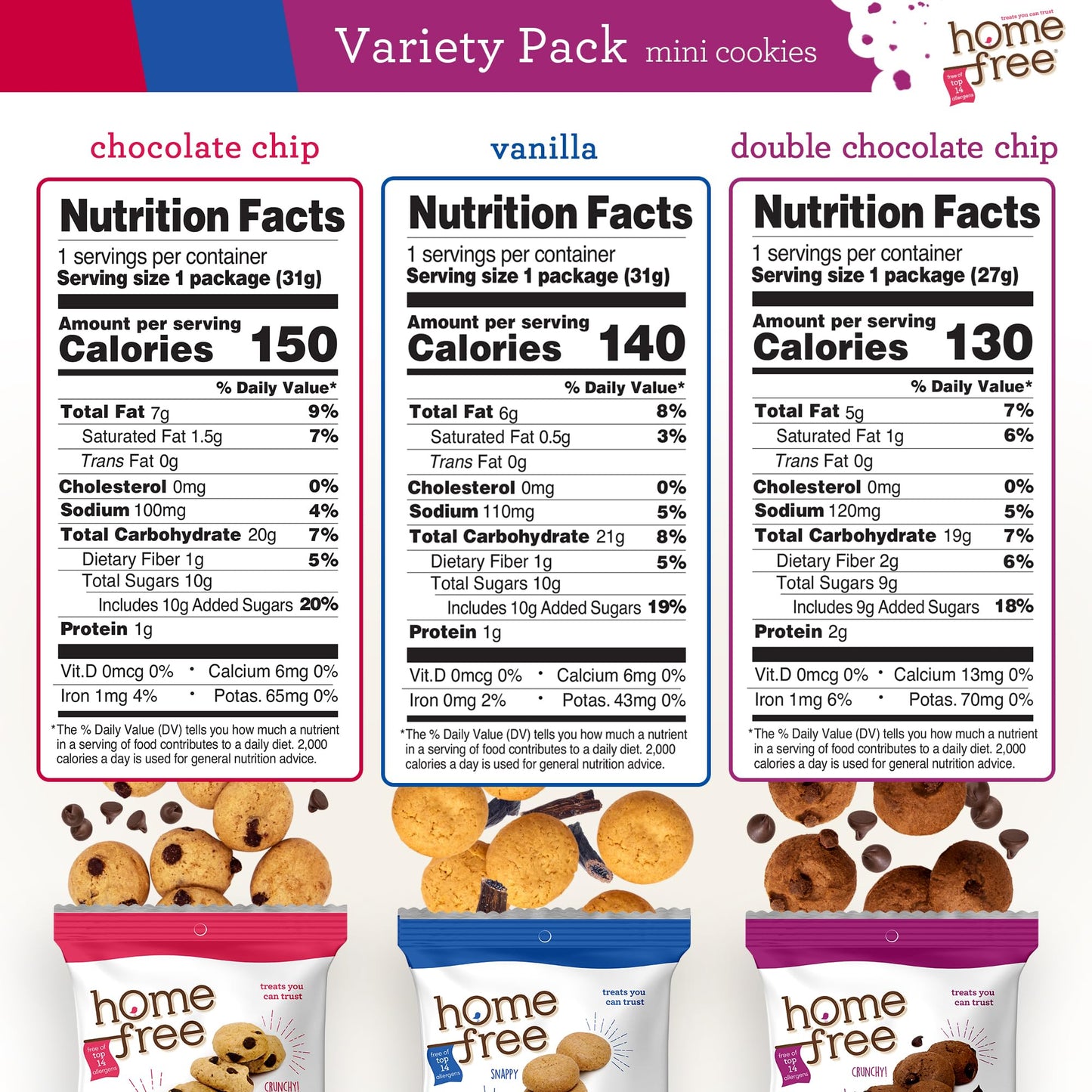 Homefree Treats You Can Trust Gluten Free Mini Cookies, Single Serve, Variety Pack (Pack of 30)